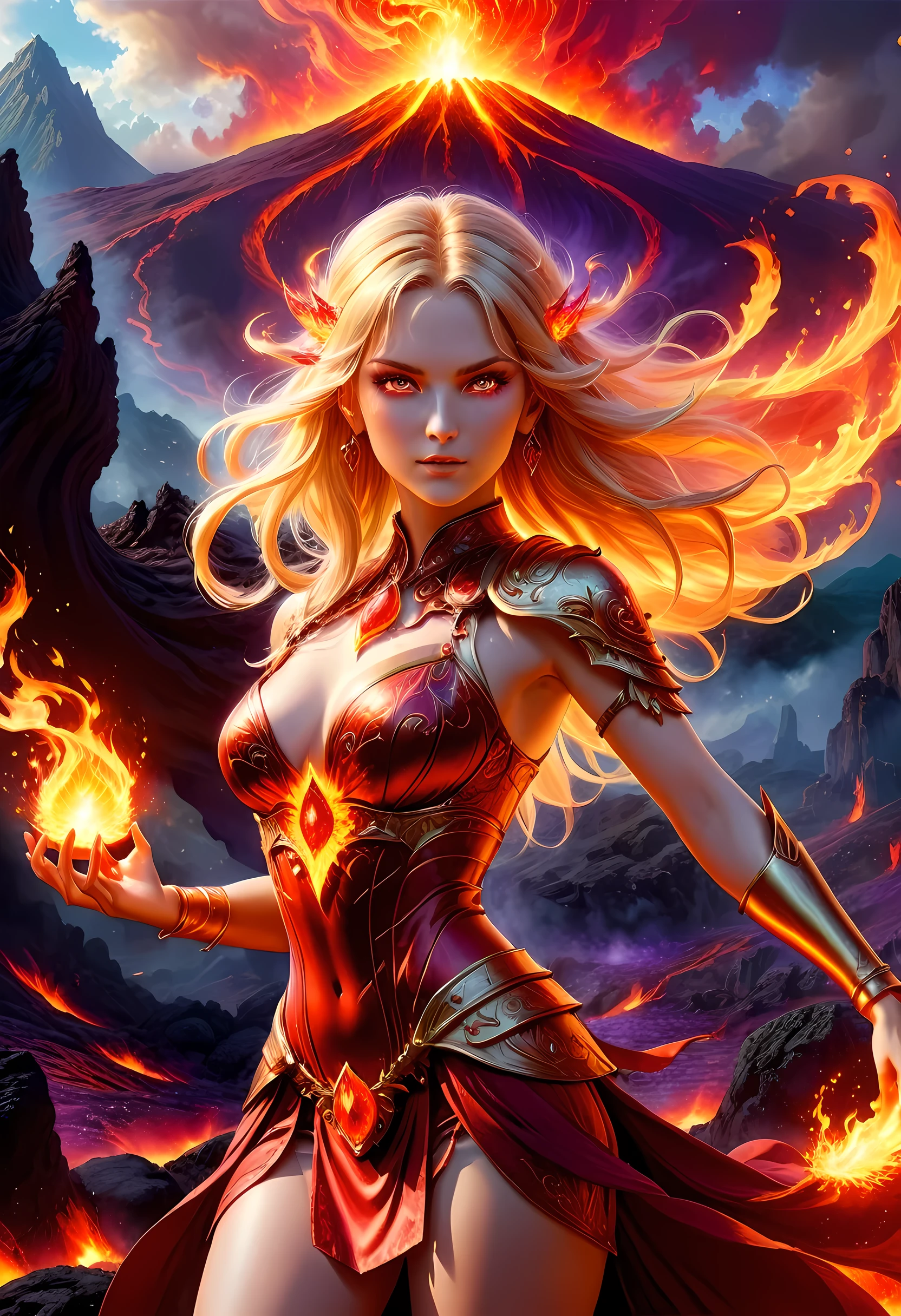 high details, best quality, 16k, [ultra detailed], masterpiece, best quality, (extremely detailed), full body, ultra wide shot, photorealistic, fantasy art, dnd art, rpg art, realistic art, an ultra wide picture of a female human (intricate details, Masterpiece, best quality: 1.5) goddess of fire  ((fiery radiant aura)), controlling a swirling red fire, fiery red radiant magic (1.5 intricate details, Masterpiece, best quality), manipulating purple radiant magical symbols, [[divine symbols]] (intricate details, Masterpiece, best quality: 1.5), human female, blond hair, long hair with aura, hair with red radiant eyes, intense eyes, ((radiant eyes)), (( red glowing eyes)), dynamic clothing, fantasy volcano back ground, stresms of lava,  celestial  background, ((divine worship atmosphere)), high details, best quality, highres, ultra wide angle, faize, 
