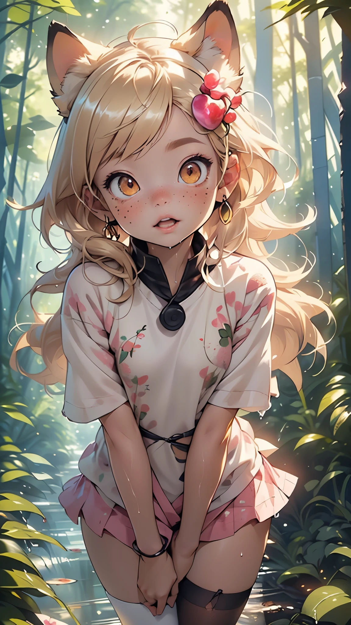 cute little cat ,(((little ,small tiny body,, chibi))),(((6 years old))),((little cat with extremely cute and beautiful blonde hair)),(((cat girl,anthro furry cute,cat-girl))),(((cat ears,cat ears on head,big cat ears))),
(((flat chest))),(((blonde hair:1.35,messy blonde hair,colored inner hair,ear breathing,))),((heterochromia:1.5, (orange_eye and yellow_eye))),intricate eyes,beautiful detailed eyes,symmetrical eyes,big eyes:1.5,(((freckles on the face,freckles,freckled girl))),(((lustrous skin:1.5,bright skin: 1.5,skin tanned,shiny skin,very shiny skin,shiny body,plastic glitter skin,exaggerated shiny skin,illuminated skin,wet legs))),(detailed body,(detailed face)),
cute,slutty,erotic,(((nsfw))),
zettai ryouiki,revealing clothing,show skin,((fur shirt,neon colored shirt,fur mini-skirt,visible thong straps)),((underpants strap)),(wearing a fur outfit:1.3,fur clothes,semi-naked,with little fur clothing),((wet clothes,intricate outfit,intricate clothes)),
(dynamic pose:1.0),solo focus,embarrassed,(centered,scale to fit dimensions,Rule of thirds),
((cute forest)), ((pink cherry forest:1.5,pink forest:1.5)),scenery:1.25,((intricate scenery)),((cute forest background)),puddles, scenery:1.25,((sunset, golden hour)),
(Glossy fantasy ornaments),highres,sharp focus,(ultra detailed,extremely detailed),(photorealistic artwork:1.37),(extremely detailed CG unity 8k wallpaper),(((vibrant colors,vibrant theme))),(intricate),(masterpiece),(best quality),artistic photography,(photography taken by sldr),(intricate background),perfect rendered face,perfect face details,realistic face,photo realistic,((intricate detail)),(((realism))),