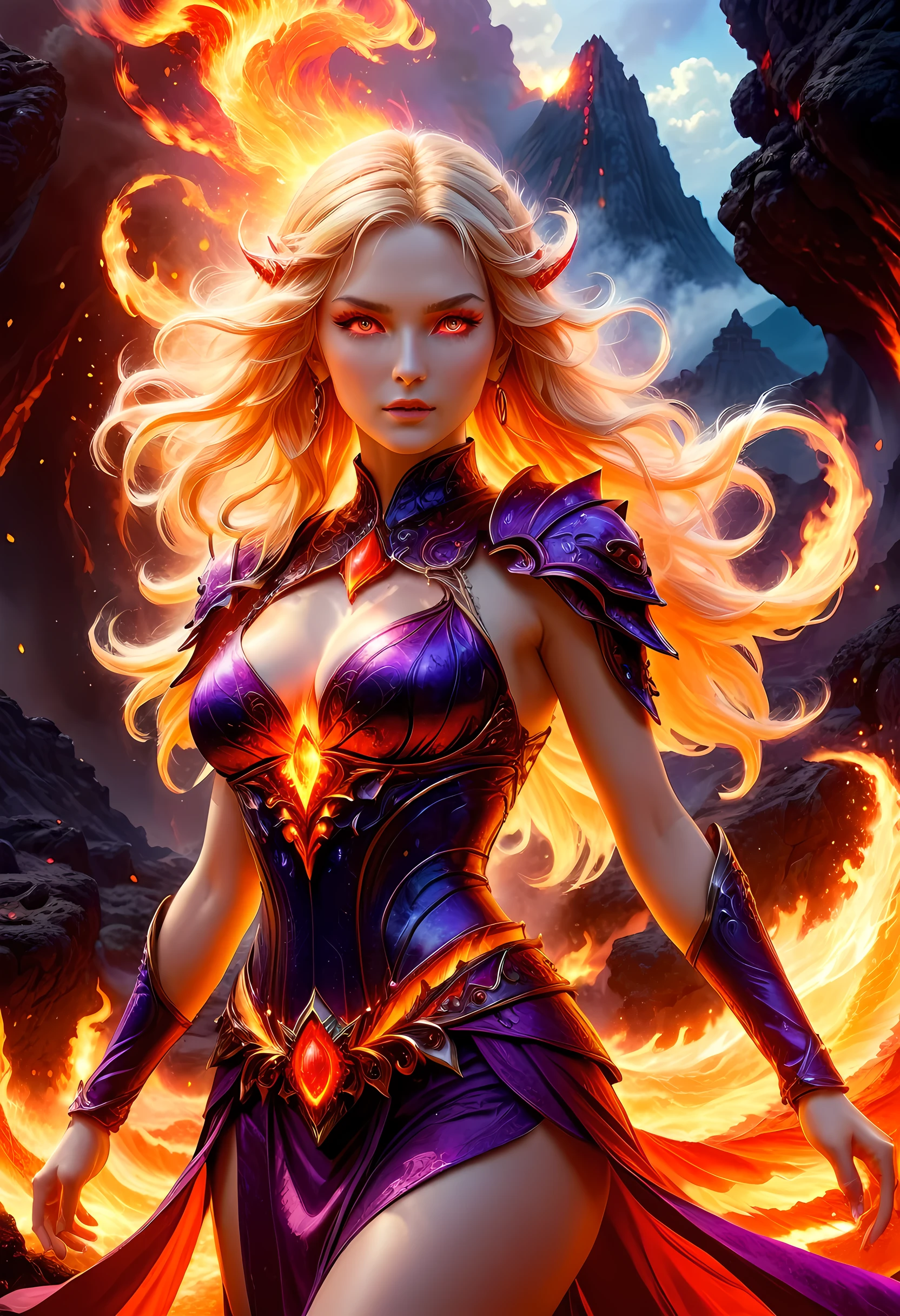 high details, best quality, 16k, [ultra detailed], masterpiece, best quality, (extremely detailed), full body, ultra wide shot, photorealistic, fantasy art, dnd art, rpg art, realistic art, an ultra wide picture of a female human (intricate details, Masterpiece, best quality: 1.5) goddess of fire  ((fiery radiant aura)), controlling a swirling red fire, fiery red radiant magic (1.5 intricate details, Masterpiece, best quality), manipulating purple radiant magical symbols, [[divine symbols]] (intricate details, Masterpiece, best quality: 1.5), human female, blond hair, long hair with aura, hair with red radiant eyes, intense eyes, ((radiant eyes)), (( red glowing eyes)), dynamic clothing, fantasy volcano back ground, stresms of lava,  celestial  background, ((divine worship atmosphere)), high details, best quality, highres, ultra wide angle, faize, 
