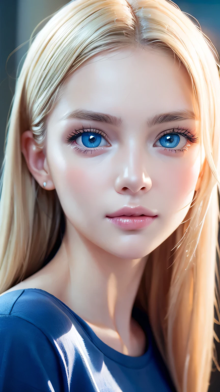 Dressed、(Photorealistic:1.4)、(Hyper-realistic:1.4)、(Realistic:1.3)、(Smooth lighting:1.05)、(Improved cinematic lighting quality:0.9)、32K、1 Girl、Very cute expression、A beautiful 16 year old blonde girl、Realistic top lighting、Backlight、Face Light、super long platinum blonde silky hair、Ray tracing、(Bright light:1.2)、(quality improvement:1.4)、(Highest quality realistic textured skin:1.4)、Very beautiful detailed large shining light blue eyes、Very big eyes、Detailed face、A careful eye for quality、(Tired, sleepy and satisfied: 0.0)、Face close up、T-Shirts、(Enhances the body line:1.1)、(Enhances the beauty of skin texture:1.1)、Cheek gloss highlight、Small Face Beauty、Round face