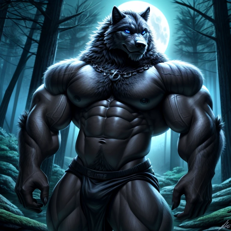 (Estilo arte mais realista)Make a furry werewolf with completely black fur plus realistic furry hands with blue pupils of a common wolf without glowing, com musculos super enormes, pernas musculosas enormes , muscular arms with defined abdomen and large chest well detailed and hottest inside a forest at night doing attractive bodybuilder pose from the side showing the muscles with an attractive look looking at the viewer, totally now, sem roupa, full HD alta qualidade, Lua cheia