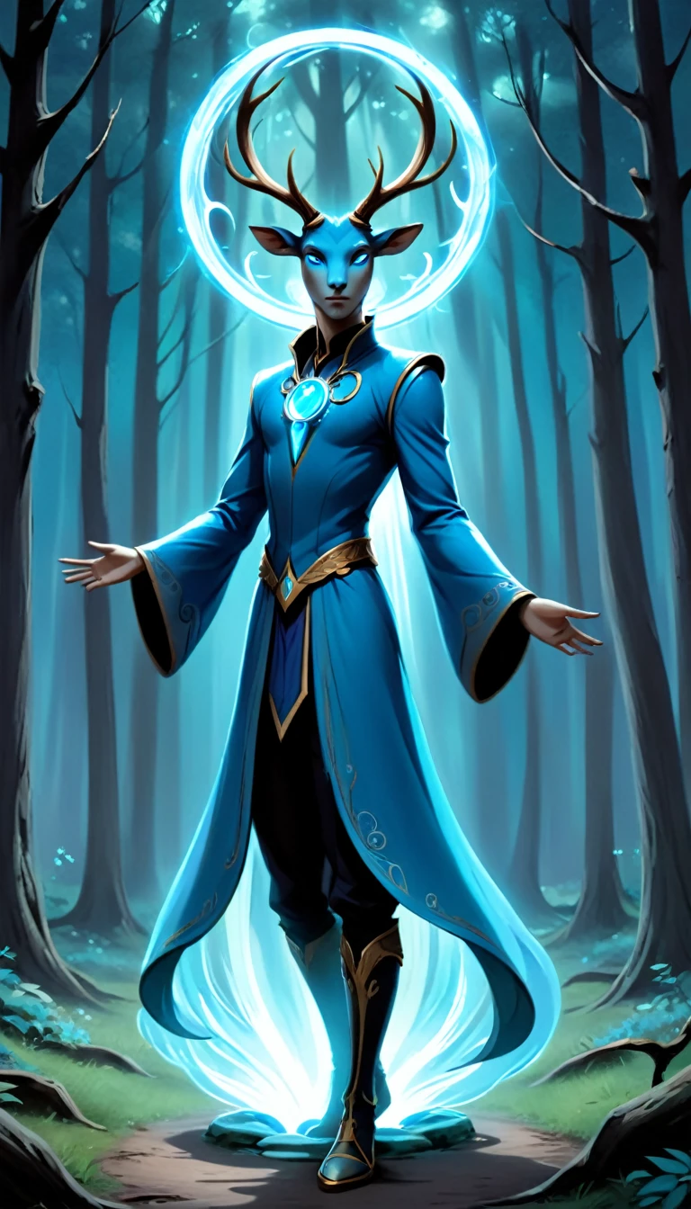 in a forest setting, the image depicts a mystical being with a set of antlers composed of light. Each side of the being has six antlers extending backwards in a circular pattern. The figure is dressed in a blue robe with a luminous circular decoration on the chest, lending the figure a majestic aura. This blue-hued entity supports the theme of nobility, with multiple elongated tail-like extensions emanating from the dress... A distinctive feature of the being is what appears to be a brilliant blue eye, adding to the magical essence of the character, which is amplified by the incorporation of a radiance, expansion and contraction of blue light on the chest, resembling a plasma ball. The being occupies a path amid imposing gray trees, lending a mysterious and somewhat eerie atmosphere to the scene. The overall imagery conveys a powerful sense of enigma and supernatural presence, alluding to an extraordinary and mysterious essence.

Translated with DeepL.com (free version)