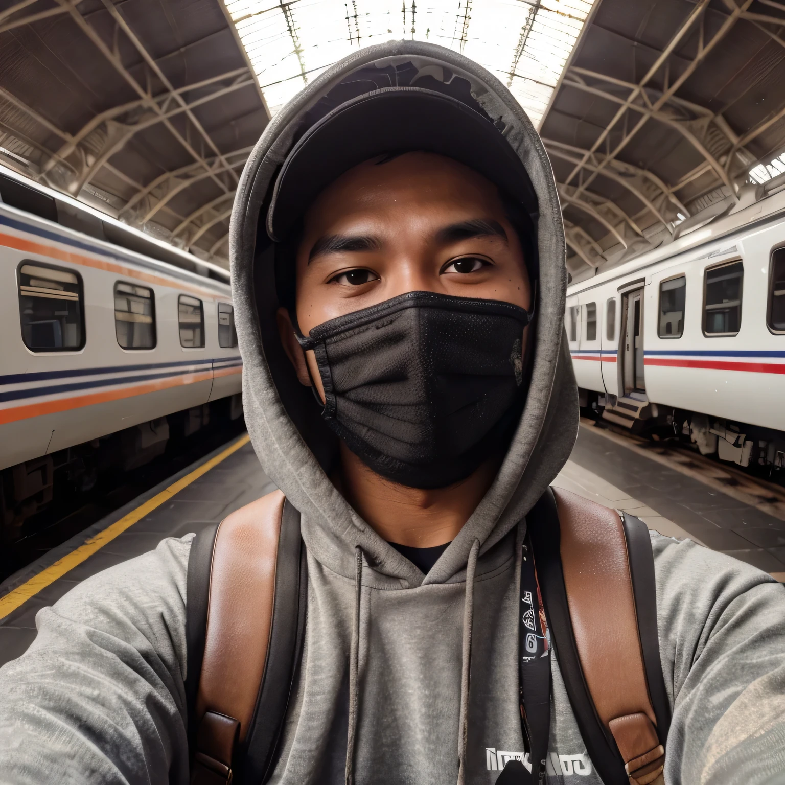(8K, RAW Photos, Highest Quality, Intricate Details), selfie photo of a 30 year old indonesian man, kinda fat muscle, nature skin, very short hair, wearing a hoodie and cap, in the peron train station, standing, with train background, photography.
