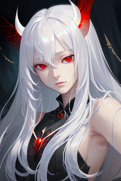 (masterpiece:1.2, best quality), 1male, solo, photorealistic, moth demon, science fiction, science fiction, upper body, focus on face, realistic, pastel painting, powerful, intelligent, sensual, detailed eyes (soft look, red eyes) well detailed, long white hair, best CG, 