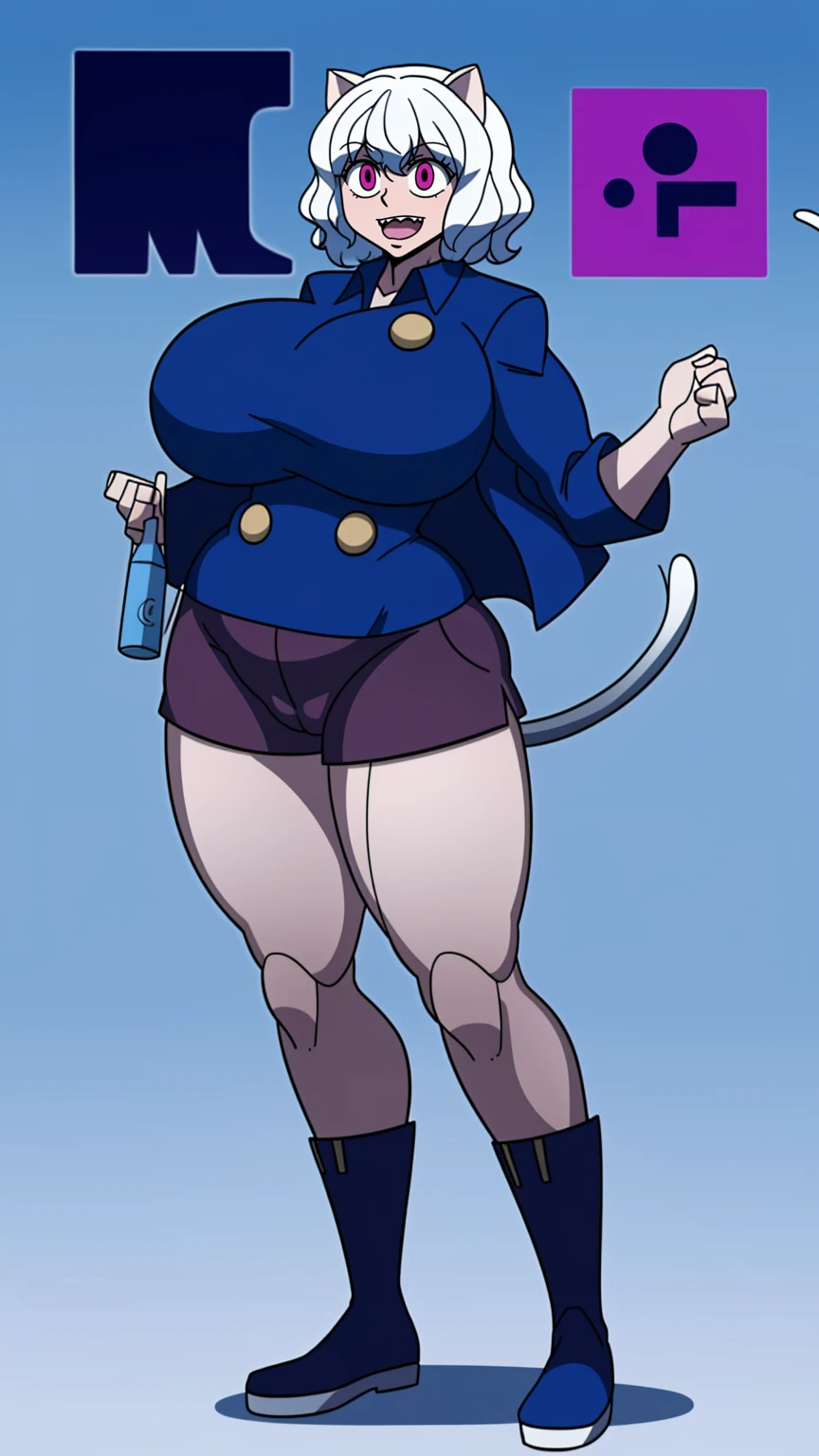 solo,open mouth,fangs,smile, Neferpitou,1girl,red eyes,cat ears, blue jacket,double-breasted, (nature:1.2),stading, full body, boots, huge breast, curvy, tall female,refsheet, cat tails,Neferpitou,1girl,red eyes,cat ears, blue jacket,double-breasted, (brown shorts:1.2),striped, brown socks,blue footwear, doll joints,(nature:1.2),solo,combat stance,lora:add_detail:1>,solo,open mouth,fangs,smile, fangs, sharpteeth,,{best quality}, {amazing quality} {best quality},{amazing quality},, {absurdres},{{highres}}, {very aesthetic}, {detailed}, curvy, tall, huge breast, character focus, white background,full-length portrait,