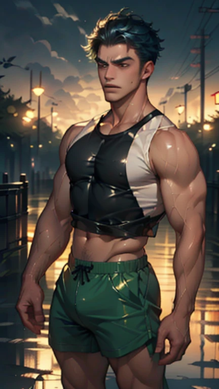 (((1 guy))),((extremely cute and beautiful boy)), watercolor, Peter Pan examines the buttocks of a 17-year-old Brazilian boy,(((big ass))),((curly hair,short hair))),(((tanned skin,shiny skin,very shiny body,plastic shiny skin,exaggerated ,lit skin,wet legs))),detailed body,cute,slutty,seductive,erotic,(((NFV))), revealing clothes,((rave mini shorts,white loose tank top)),((wet clothes,complicated outfit,complicated clothes)), (dynamic pose:1.0),embarrassed, by the ocean at night, dark storm clouds and puddles, landscape:1.25, (extremely detailed CG unity 8k wallpaper),( ((bright colors))),(complex background),(masterpiece),(Best quality)