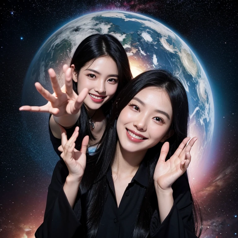 universe、planet、Floating Beauty、Twenty generations、tall、Black Hair、smile、Half of the teeth are visible、Hands outstretched、Model posing、mysteriouasterpiece、Aesthetic sense