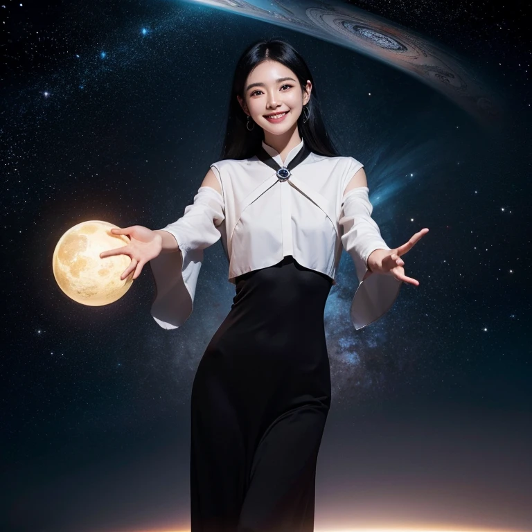 universe、planet、Floating Beauty、Twenty generations、tall、Black Hair、smile、Half of the teeth are visible、Hands outstretched、Model posing、mysteriouasterpiece、Aesthetic sense