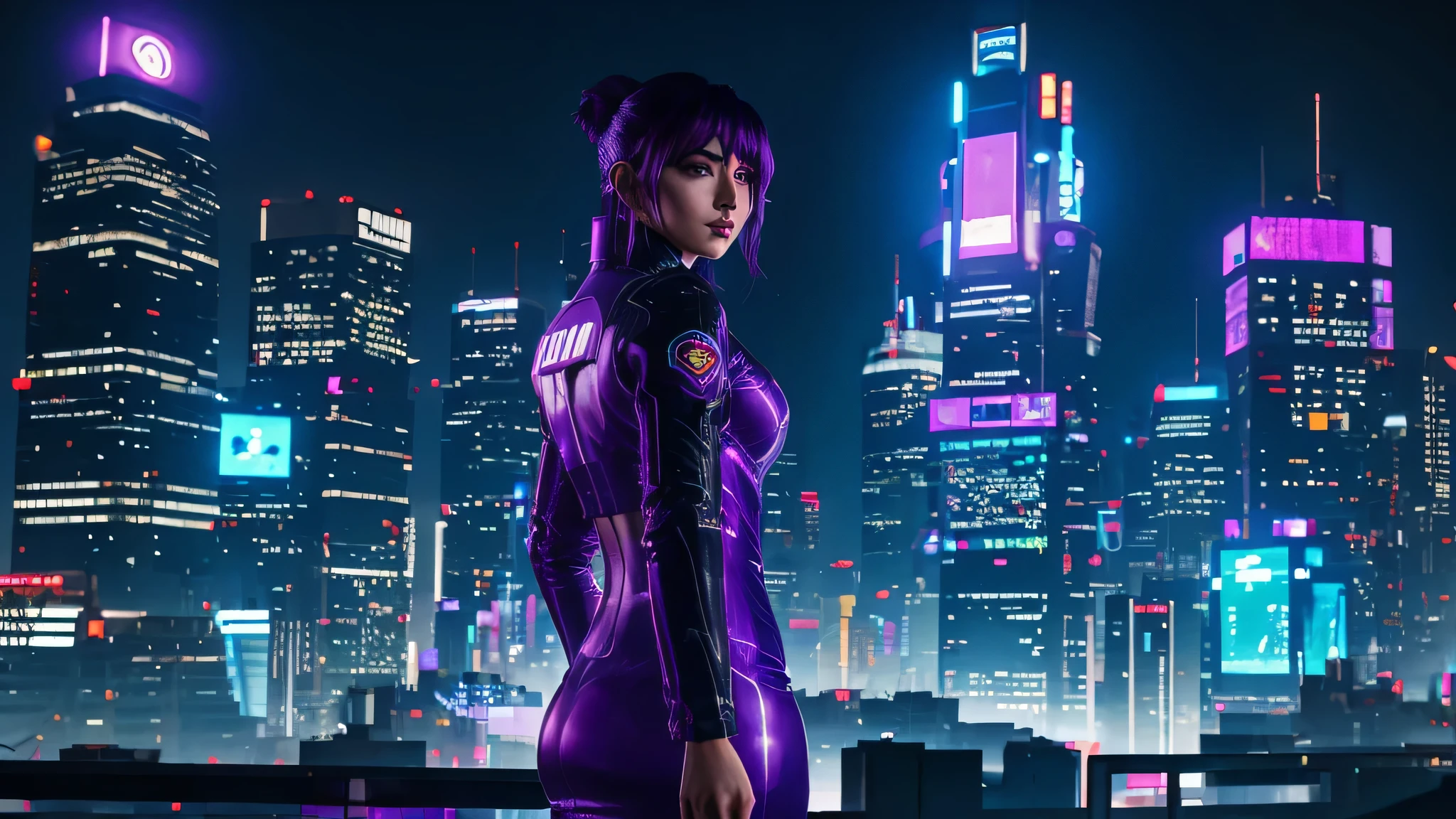 curvy woman with purple hair standing on a balcony overlooking a city, No anime Ghost in the Shell, em uma cidade cyberpunk, cara cyberpunk, na cidade cyberpunk, em uma cidade cyberpunk, Ghost in VFX Projectile Bullet, anime cyberpunk moderno, garota cyberpunk sonhadora, In front of a sci-fi cityscape, idiota, em uma cidade Cyberpunk