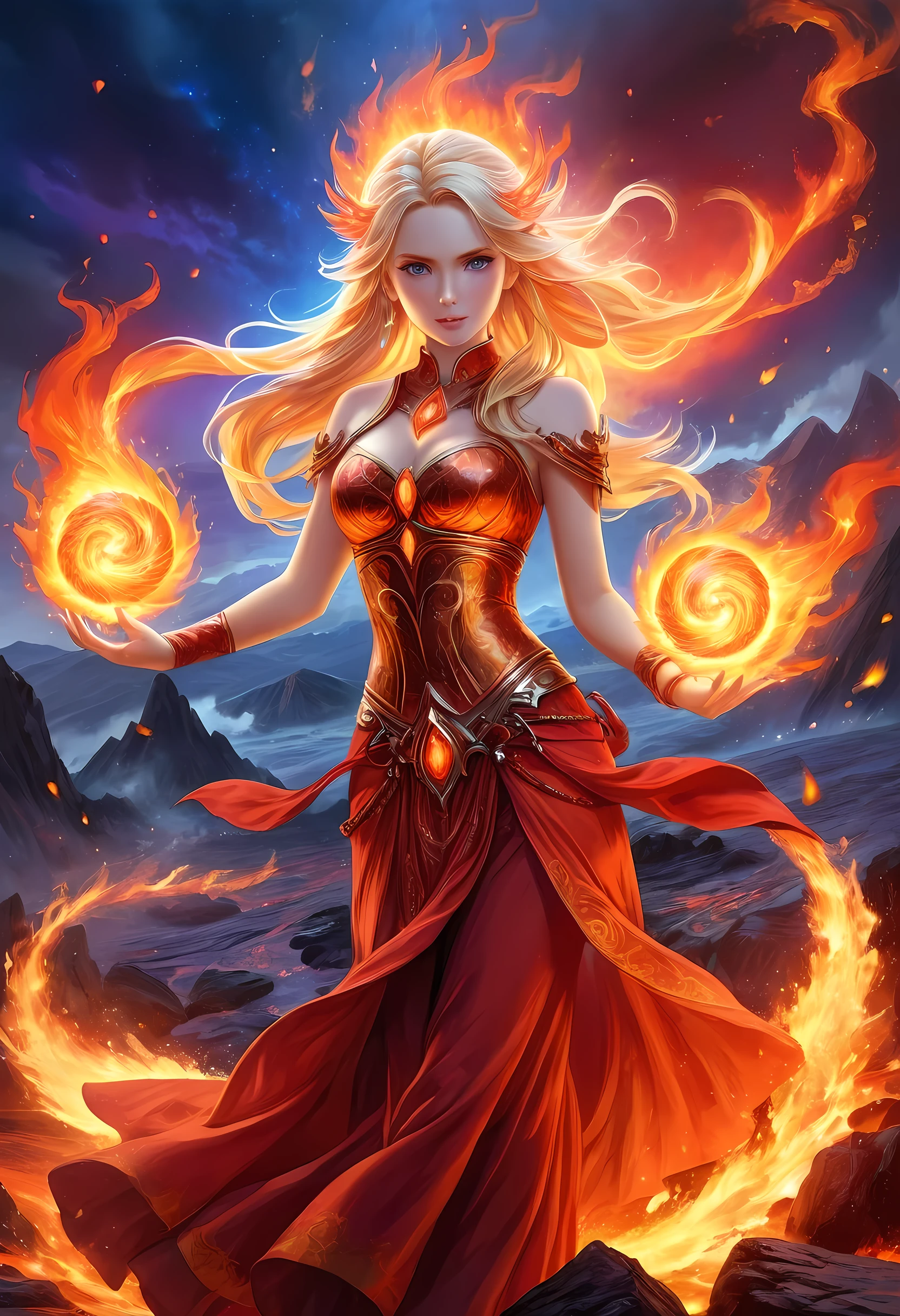 high details, best quality, 16k, [ultra detailed], masterpiece, best quality, (extremely detailed), full body, ultra wide shot, photorealistic, fantasy art, dnd art, rpg art, realistic art, an ultra wide picture of a female human (intricate details, Masterpiece, best quality: 1.5) goddess of fire  ((fiery radiant aura)), controlling a swirling red fire, fiery red radiant magic (1.5 intricate details, Masterpiece, best quality), manipulating purple radiant magical symbols, [[divine symbols]] (intricate details, Masterpiece, best quality: 1.5), human female, blond hair, long hair with aura, hair with red radiant eyes, intense eyes, ((radiant eyes)), (( red glowing eyes)), dynamic clothing, fantasy volcano back ground, stresms of lava,  celestial  background, ((divine worship atmosphere)), high details, best quality, highres, ultra wide angle, faize, 
