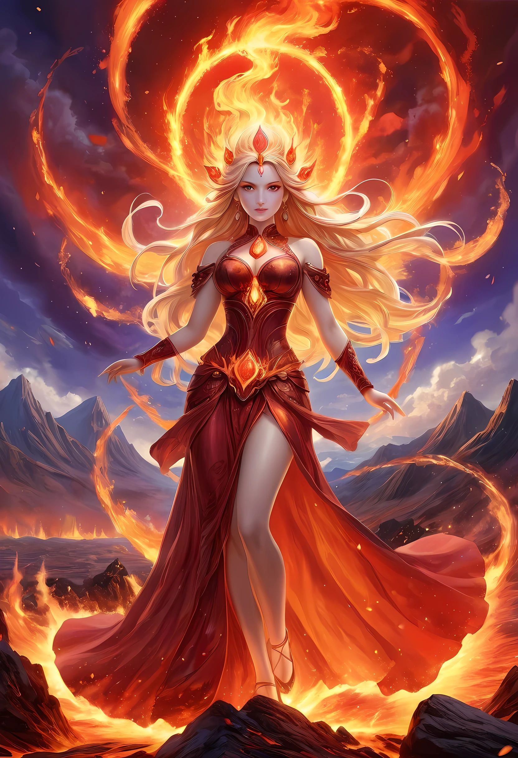 high details, best quality, 16k, [ultra detailed], masterpiece, best quality, (extremely detailed), full body, ultra wide shot, photorealistic, fantasy art, dnd art, rpg art, realistic art, an ultra wide picture of a female human (intricate details, Masterpiece, best quality: 1.5) goddess of fire  ((fiery radiant aura)), controlling a swirling red fire, fiery red radiant magic (1.5 intricate details, Masterpiece, best quality), manipulating purple radiant magical symbols, [[divine symbols]] (intricate details, Masterpiece, best quality: 1.5), human female, blond hair, long hair with aura, hair with red radiant eyes, intense eyes, ((radiant eyes)), (( red glowing eyes)), dynamic clothing, fantasy volcano back ground, stresms of lava,  celestial  background, ((divine worship atmosphere)), high details, best quality, highres, ultra wide angle, faize, 
