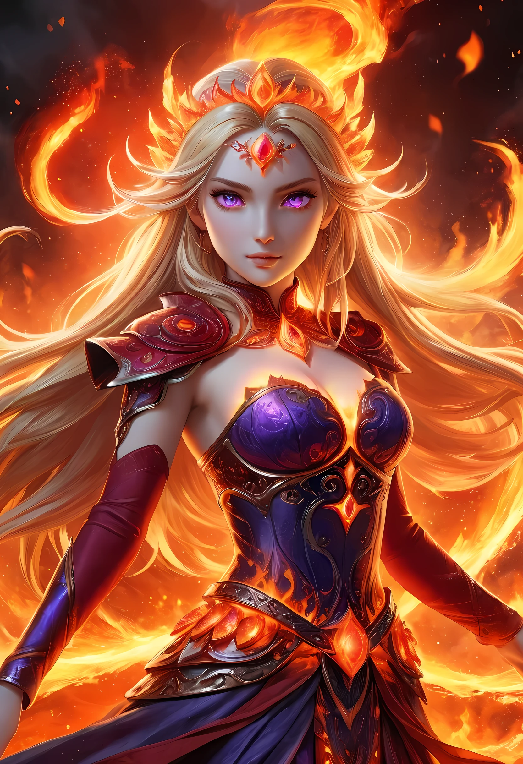 high details, best quality, 16k, [ultra detailed], masterpiece, best quality, (extremely detailed), full body, ultra wide shot, photorealistic, fantasy art, dnd art, rpg art, realistic art, an ultra wide picture of a female human (intricate details, Masterpiece, best quality: 1.5) goddess of fire  ((fiery radiant aura)), controlling a swirling red fire, fiery red radiant magic (1.5 intricate details, Masterpiece, best quality), manipulating purple radiant magical symbols, [[divine symbols]] (intricate details, Masterpiece, best quality: 1.5), human female, blond hair, long hair with aura, hair with red radiant eyes, intense eyes, ((radiant eyes)), (( red glowing eyes)), dynamic clothing, fantasy volcano back ground, stresms of lava,  celestial  background, ((divine worship atmosphere)), high details, best quality, highres, ultra wide angle, faize, 
