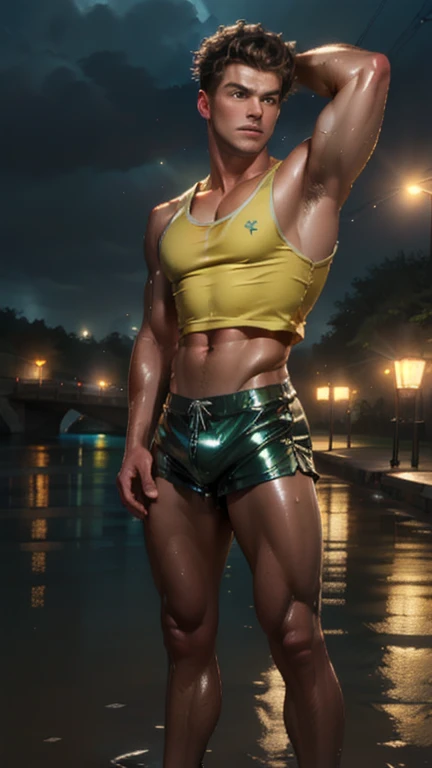 (((1 guy))),((extremely cute and beautiful boy)), watercolor, Peter Pan examines the buttocks of a 17-year-old Brazilian boy,(((big ass))),((curly hair,short hair))),(((tanned skin,shiny skin,very shiny body,plastic shiny skin,exaggerated ,lit skin,wet legs))),detailed body,cute,slutty,seductive,erotic,(((NFV))), revealing clothes,((rave mini shorts,white loose tank top)),((wet clothes,complicated outfit,complicated clothes)), (dynamic pose:1.0),embarrassed, by the ocean at night, dark storm clouds and puddles, landscape:1.25, (extremely detailed CG unity 8k wallpaper),( ((bright colors))),(complex background),(masterpiece),(Best quality)