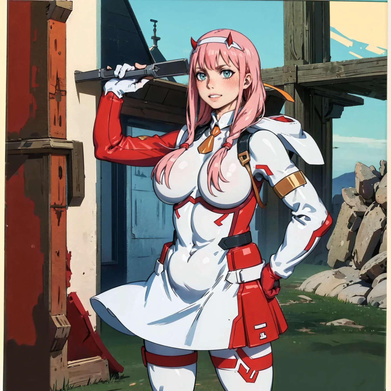 masterpiece, best quality, IncrsLowTier, electricity, glowing eyes zerotwo horns, hairband, necktie, red dress, pantyhose horns, hairband, red bodysuit, armlet, mecha horns, hairband, white bodysuit, white gloves, cap, red dress, white gloves, jacket on shoulders, pantyhose, cyber_armor body_suit,huge_breast, tall female, fulll body, sun light, smile,, sun aura,, boots, standing, smile, lips, red lips, fangs, sharpteeth,,{best quality}, {amazing quality} {best quality},{amazing quality},, {absurdres},{{highres}}, {very aesthetic}, {detailed}, curvy, tall, huge breast, character focus, white background,full-length portrait,