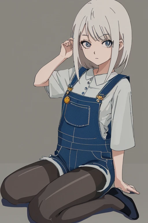 japanese animation, 1 garota, cabelo branco, olhos prateados, olhos brilhante, overalls, overalls preto, blusa, button blouse, blusa branca, sapatos prateados, pantyhose, renda
