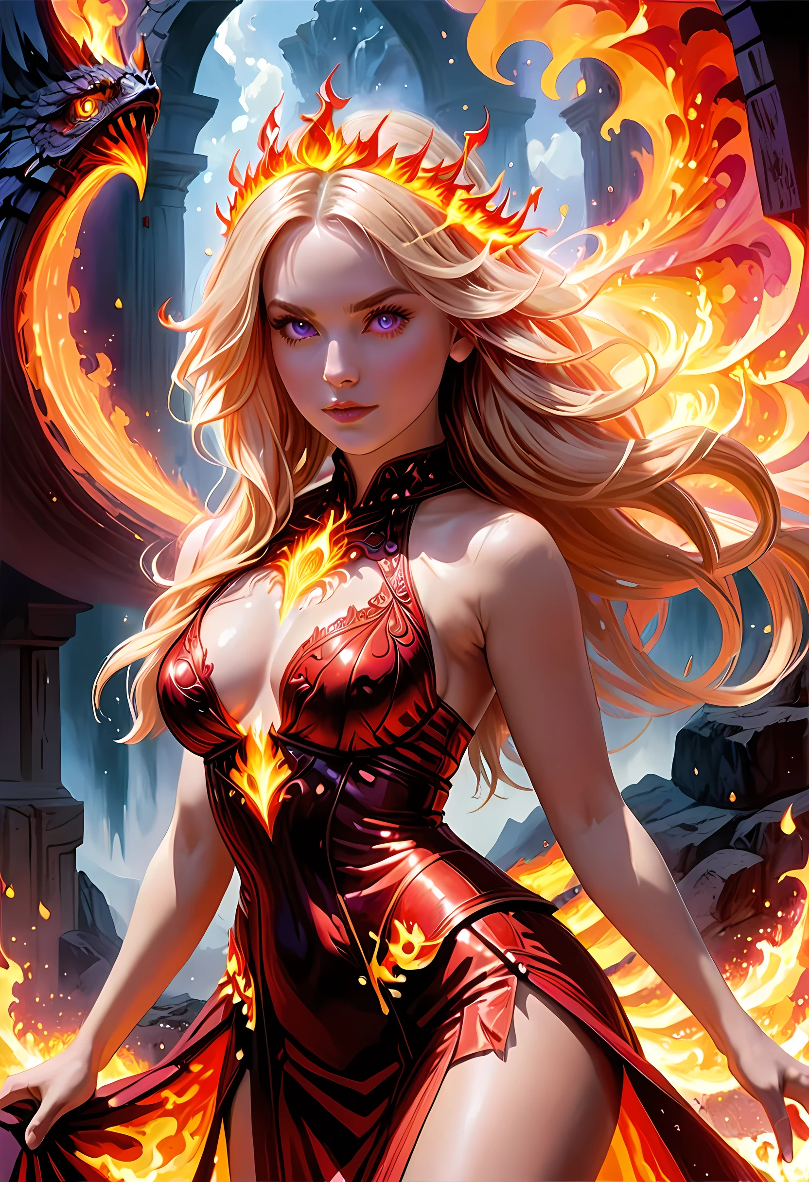 high details, best quality, 16k, [ultra detailed], masterpiece, best quality, (extremely detailed), full body, ultra wide shot, photorealistic, fantasy art, dnd art, rpg art, realistic art, an ultra wide picture of a female human (intricate details, Masterpiece, best quality: 1.5) goddess of fire  ((fiery radiant aura)), controlling a swirling red fire, fiery red radiant magic (1.5 intricate details, Masterpiece, best quality), manipulating purple radiant magical symbols, [[divine symbols]] (intricate details, Masterpiece, best quality: 1.5), human female, blond hair, long hair with aura, hair with red radiant eyes, intense eyes, ((radiant eyes)), (( red glowing eyes)), dynamic clothing, fantasy volcano back ground, stresms of lava,  celestial  background, ((divine worship atmosphere)), high details, best quality, highres, ultra wide angle, faize, 
