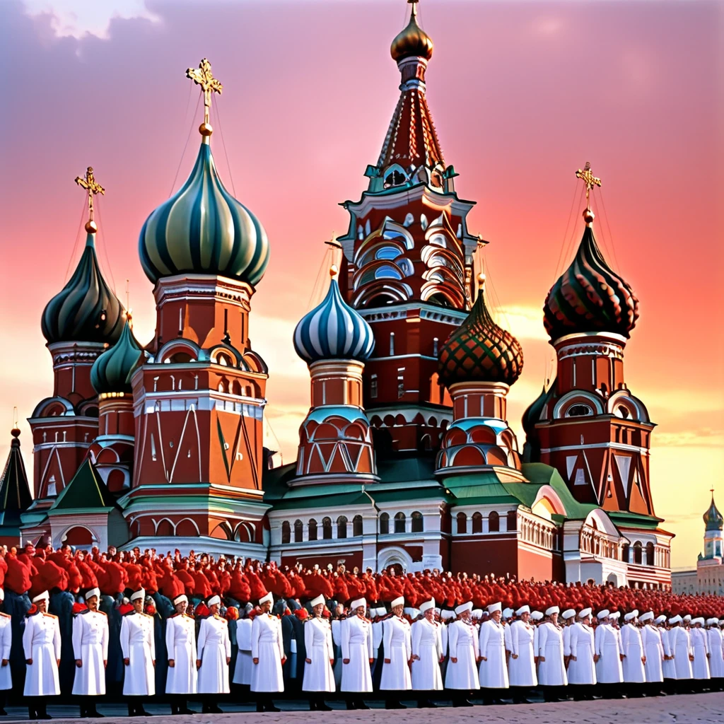 24K video quality，Cinematic compositions，fine textures，sunset，Red Square Moscow，in 1990，Red Army Choir，mass of people