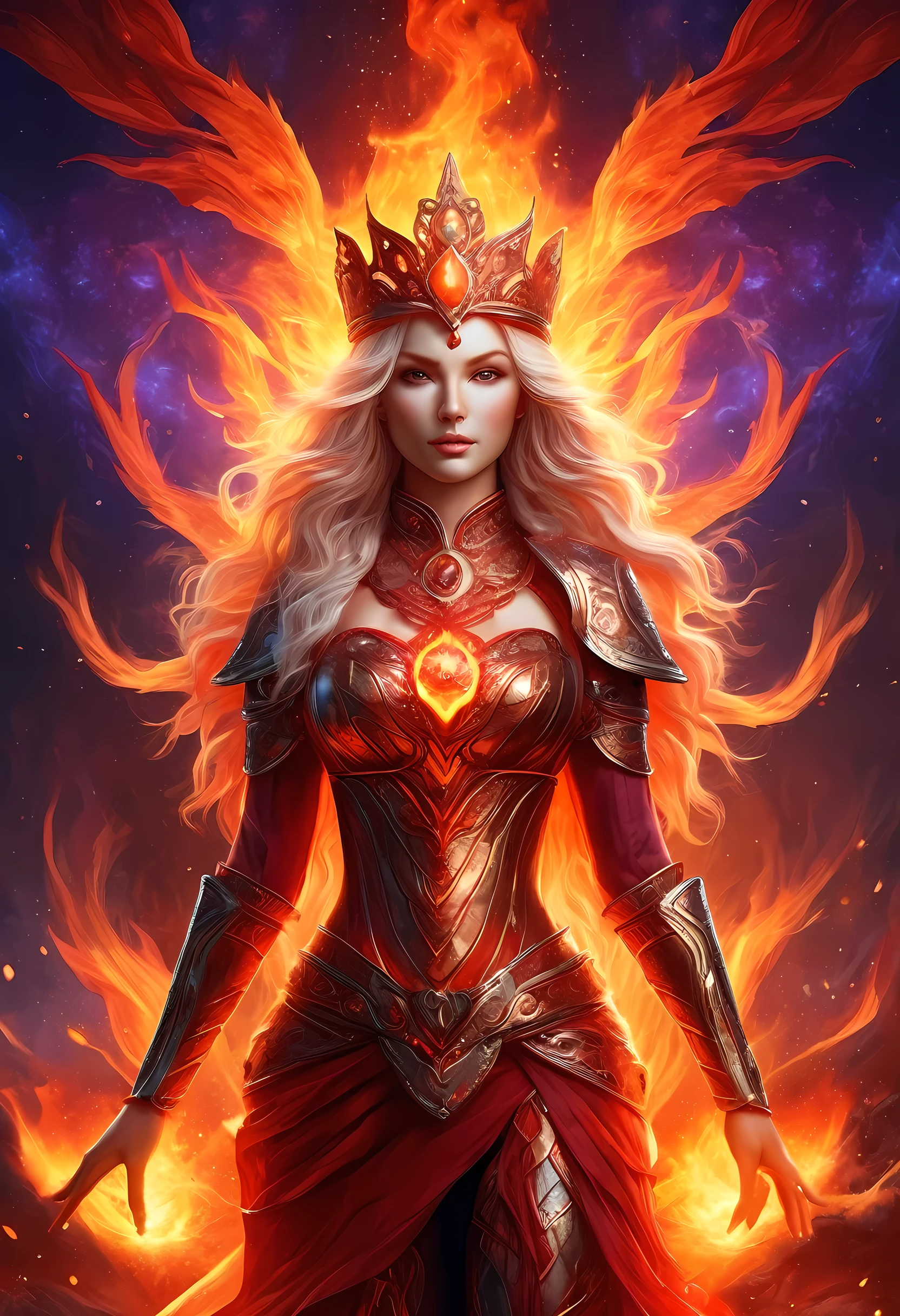 high details, best quality, 16k, [ultra detailed], masterpiece, best quality, (extremely detailed), full body, ultra wide shot, photorealistic, fantasy art, dnd art, rpg art, realistic art, an ultra wide picture of a female human (intricate details, Masterpiece, best quality: 1.5) goddess of fire  ((fiery radiant aura)), controlling a swirling red fire, fiery red radiant magic (1.5 intricate details, Masterpiece, best quality), manipulating purple radiant magical symbols, [[divine symbols]] (intricate details, Masterpiece, best quality: 1.5), human female, blond hair, long hair with aura, hair with red radiant eyes, intense eyes, ((radiant eyes)), (( red glowing eyes)), dynamic clothing, fantasy volcano back ground, stresms of lava,  celestial  background, ((divine worship atmosphere)), high details, best quality, highres, ultra wide angle, faize, 
