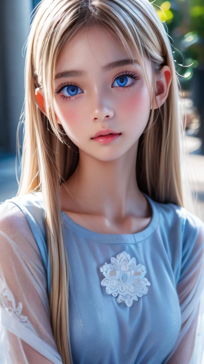 Dressed、(Photorealistic:1.4)、(Hyper-realistic:1.4)、(Realistic:1.3)、(Smooth lighting:1.05)、(Improved cinematic lighting quality:0.9)、32K、1 Girl、Very cute expression、A beautiful 16 year old blonde girl、Realistic top lighting、Backlight、Face Light、super long platinum blonde silky hair、bangs over eyes、Ray tracing、(Bright light:1.2)、(quality improvement:1.4)、(Highest quality realistic textured skin:1.4)、Very beautiful detailed large shining light blue eyes、Very big eyes、Detailed face、A careful eye for quality、(Tired, sleepy and satisfied: 0.0)、Face close up、T-Shirts、(Enhances the body line:1.1)、(Enhances the beauty of skin texture:1.1)、Cheek gloss highlight、Small Face Beauty、Round face