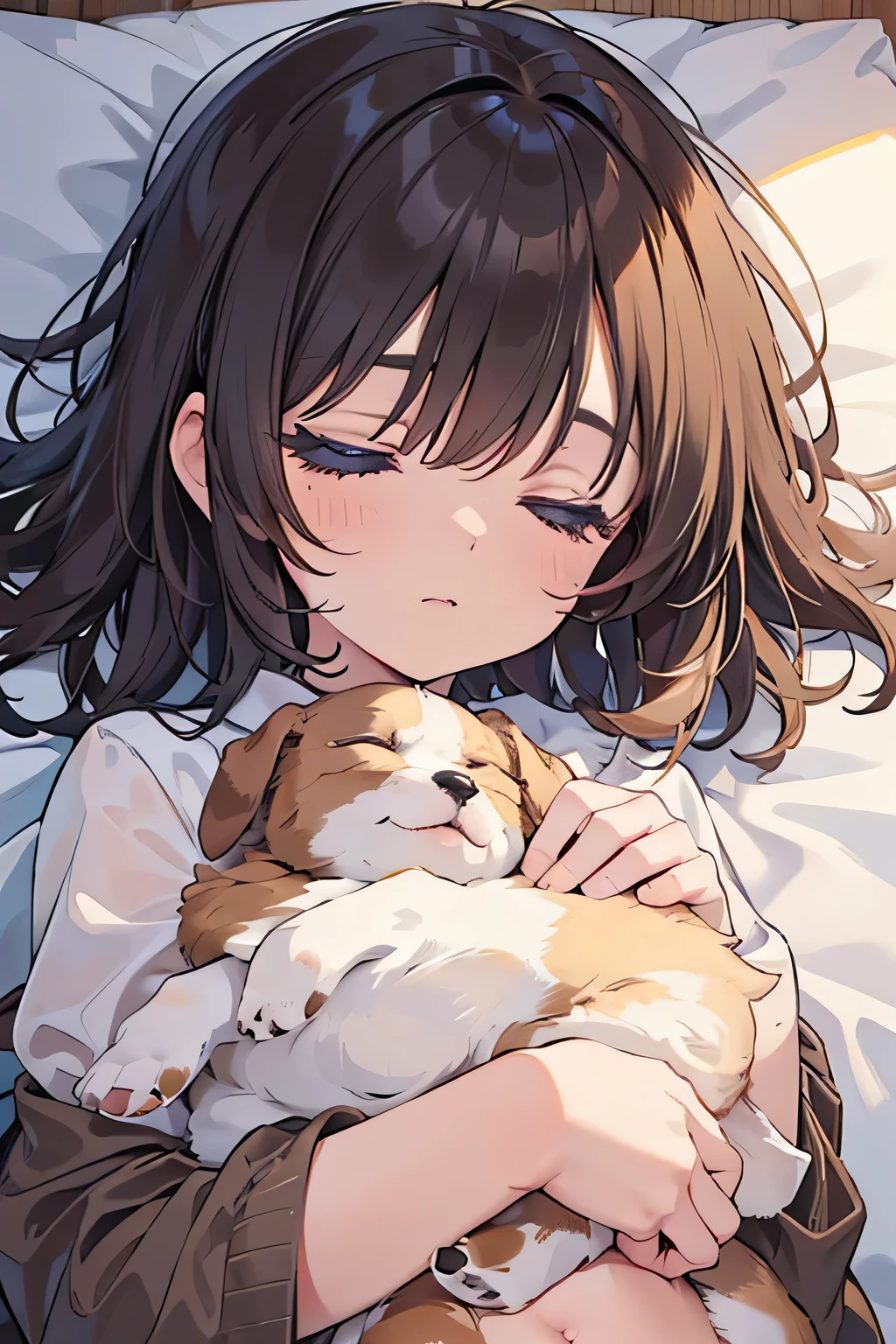 highest quality、High resolution、Detailed Background、(Beautiful face in every detail:1.4)、Anatomically correct、(Draw the usual number of fingers:1.2)、(Detailed facial expressions)、Teenage beauty、(Highly detailed face:1.4)、Cute pajamas with minimal exposure、Feeling warmth and happiness、Adorable moments between people and animals、

(A sleeping scene of a girl and a puppy sleeping together:1.5)、

A small puppy is sleeping on a fluffy bed、The cute sleeping puppy、Belly up、A human hand is gently touching the puppy&#39;s fur、It conveys the innocence and cuteness of puppies and the bond between humans and animals.