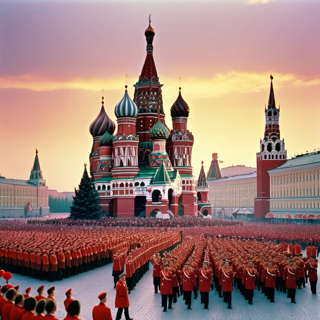 24K video quality，Cinematic compositions，fine textures，sunset，Red Square Moscow，in 1990，Red Army Choir，mass of people