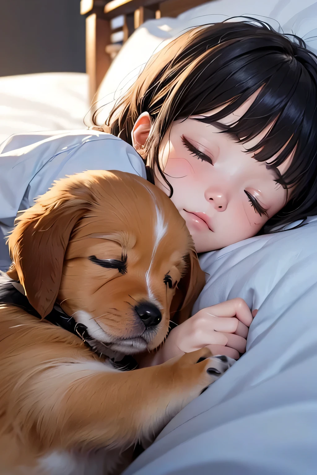 highest quality、High resolution、Detailed Background、(Beautiful face in every detail:1.4)、Anatomically correct、(Draw the usual number of fingers:1.2)、(Detailed facial expressions)、age beauty、(Highly detailed face:1.4)、Cute pajamas with minimal exposure、Feeling warmth and happiness、Adorable moments between people and animals、

(A sleeping scene of a girl and a puppy sleeping together:1.5)、

A small puppy is sleeping on a fluffy bed、The cute sleeping puppy、Belly up、A human hand is gently touching the puppy&#39;s fur、It conveys the innocence and cuteness of puppies and the bond between humans and animals.