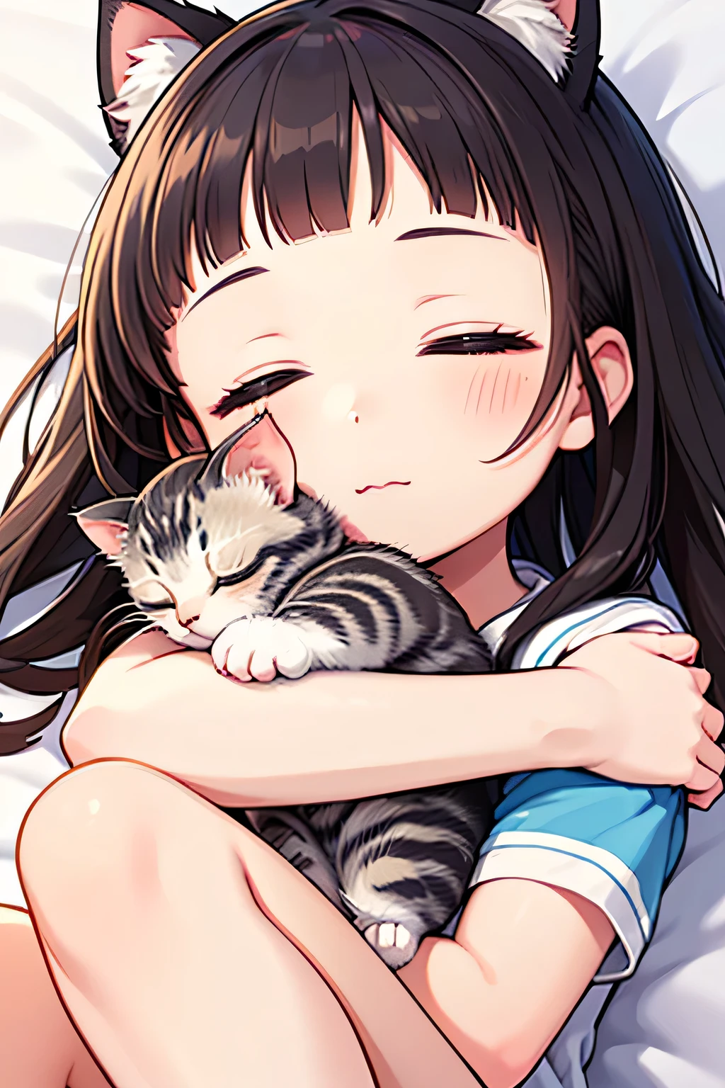 highest quality、High resolution、Detailed Background、(Beautiful face in every detail:1.4)、Anatomically correct、(Draw the usual number of fingers:1.2)、(Detailed facial expressions)、Teenage beauty、(Highly detailed face:1.4)、Cute clothes with little exposure、Feeling love and happiness、The cuteness of kittens、Adorable moments between people and animals、

(A kitten is sleeping next to its owner:1.5)、

A small kitten clinging to its owner&#39;s lap or shoulder、
Kittens curled up and sleeping, or rubbing their faces against their owners、
The owner gently strokes the kitten&#39;s head and gives it a kiss