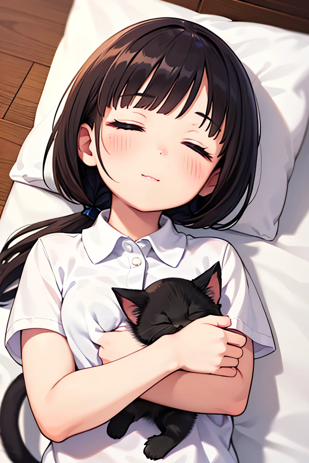 highest quality、High resolution、Detailed Background、(Beautiful face in every detail:1.4)、Anatomically correct、(Draw the usual number of fingers:1.2)、(Detailed facial expressions)、Teenage beauty、(Highly detailed face:1.4)、Cute clothes with little exposure、Feeling love and happiness、The cuteness of kittens、Adorable moments between people and animals、
(A kitten is sleeping next to its owner:1.5)、
A small kitten clinging to its owner's lap or shoulder、
Kittens curled up and sleeping, or rubbing their faces against their owners、
The owner gently strokes the kitten's head and gives it a kiss