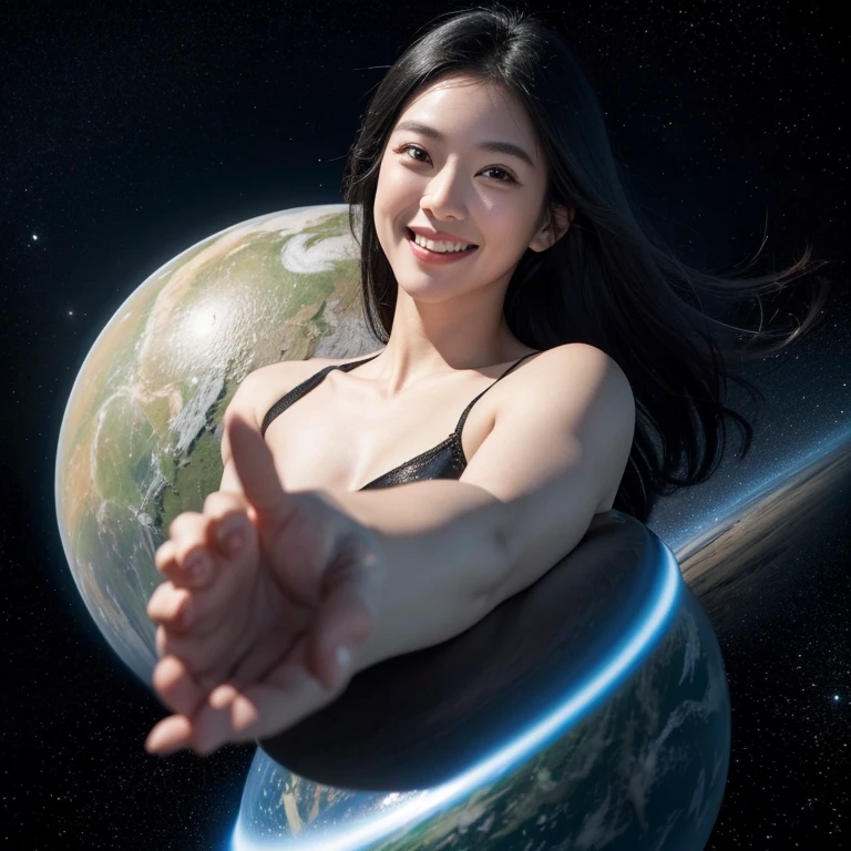 universe、planet、Floating Beauty、20th generation、expensive、Black Hair、smile、Half of the tooth is visible、hands outstretched、Model pose、whole body、mysterious masterpiece、Aesthetics、planetや星が舞う