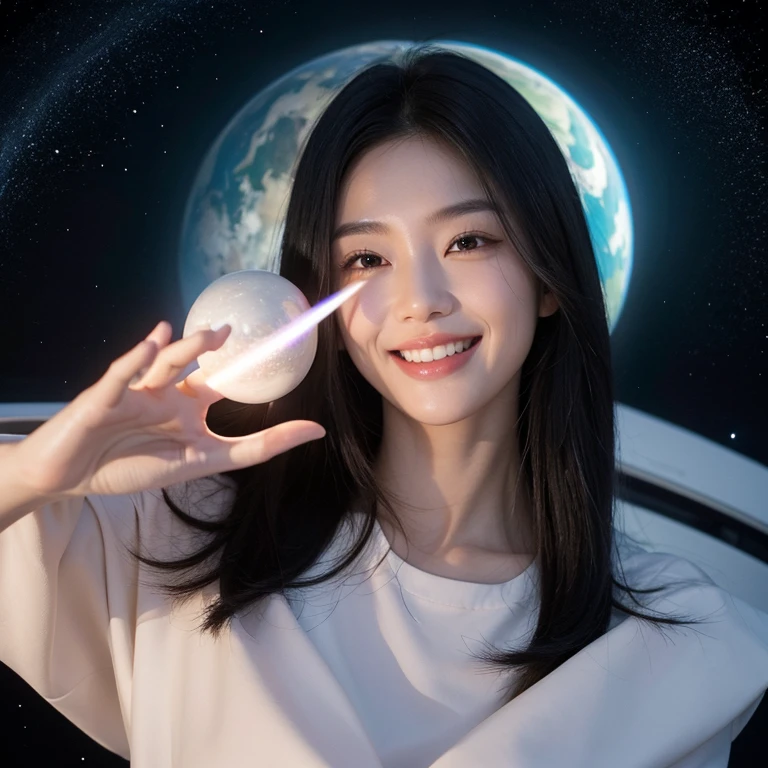 universe、planet、Floating Beauty、20th generation、expensive、Black Hair、smile、Half of the tooth is visible、hands outstretched、Model pose、whole body、mysterious masterpiece、Aesthetics、planetや星が舞う
