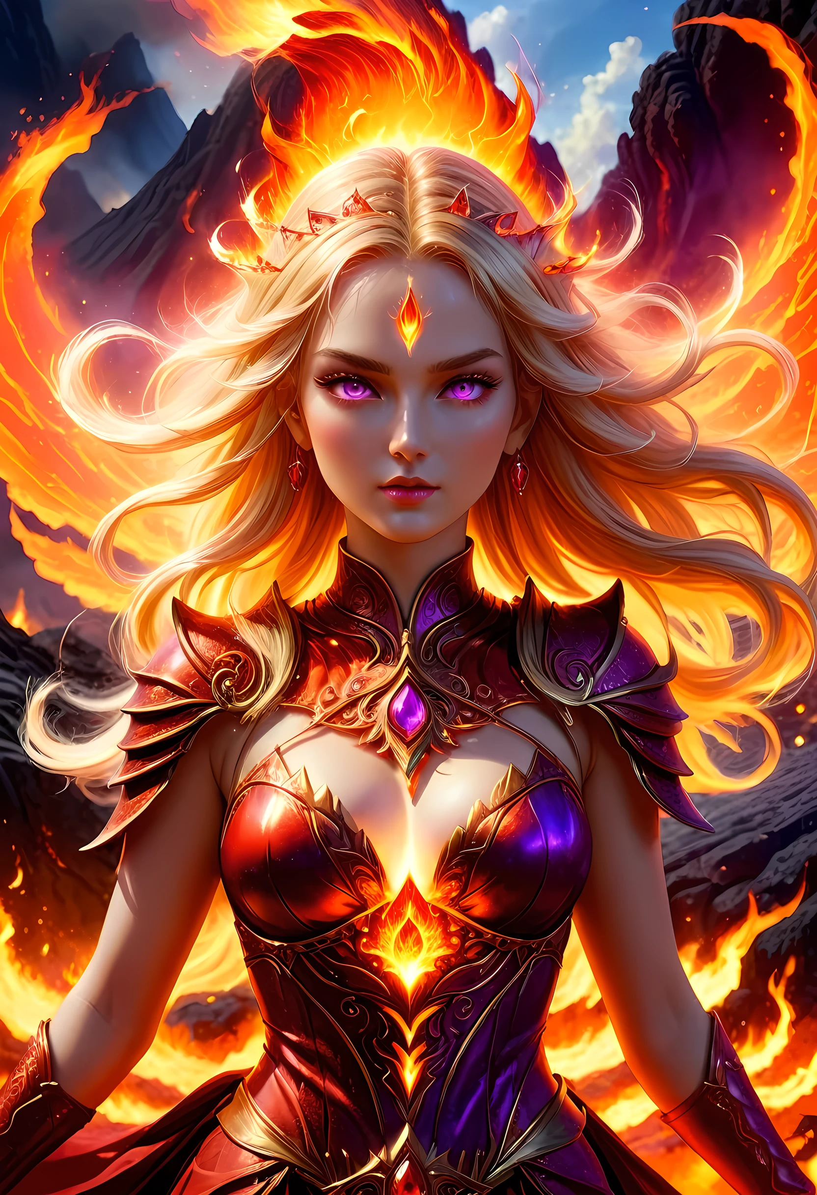 high details, best quality, 16k, [ultra detailed], masterpiece, best quality, (extremely detailed), full body, ultra wide shot, photorealistic, fantasy art, dnd art, rpg art, realistic art, an ultra wide picture of a female human (intricate details, Masterpiece, best quality: 1.5) goddess of fire  ((fiery radiant aura)), controlling a swirling red fire, fiery red radiant magic (1.5 intricate details, Masterpiece, best quality), manipulating purple radiant magical symbols, [[divine symbols]] (intricate details, Masterpiece, best quality: 1.5), human female, blond hair, long hair with aura, hair with red radiant eyes, intense eyes, ((radiant eyes)), (( red glowing eyes)), dynamic clothing, fantasy volcano back ground, stresms of lava,  celestial  background, ((divine worship atmosphere)), high details, best quality, highres, ultra wide angle, faize, 

