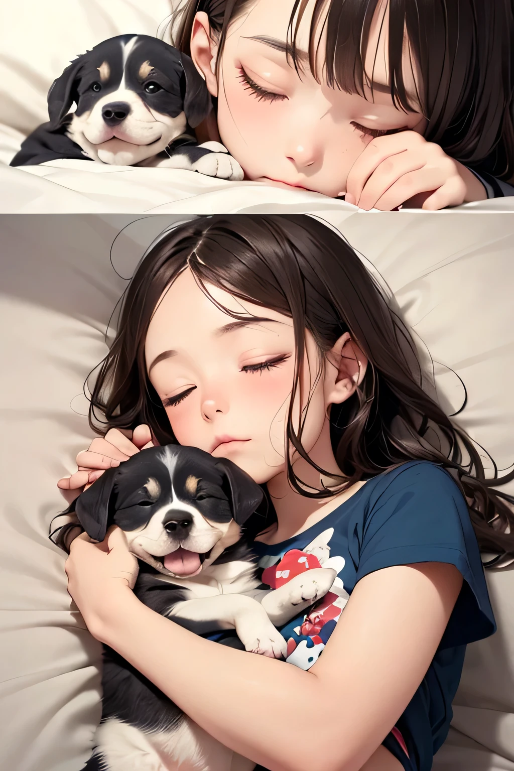 highest quality、High resolution、Detailed Background、(Beautiful face in every detail:1.4)、Anatomically correct、(Draw the usual number of fingers:1.2)、(Detailed facial expressions)、age beauty、(Highly detailed face:1.4)、Cute pajamas with minimal exposure、Feeling warmth and happiness、Adorable moments between people and animals、
(A sleeping scene of a girl and a puppy sleeping together:1.5)、
A small puppy is sleeping on a fluffy bed、The cute sleeping puppy、Belly up、A human hand is gently touching the puppy's fur、It conveys the innocence and cuteness of puppies and the bond between humans and animals.