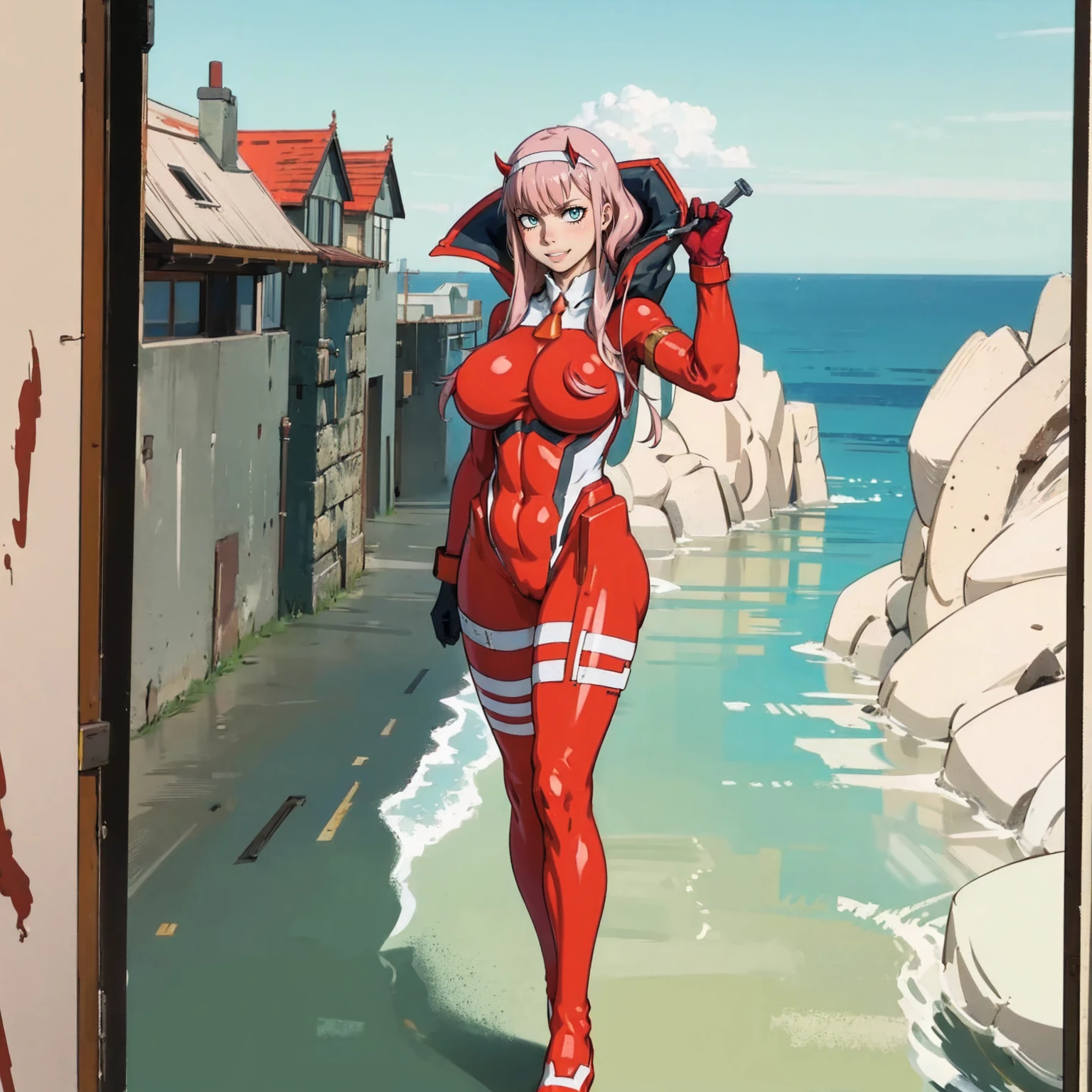 masterpiece, best quality, IncrsLowTier, electricity, glowing eyes zerotwo horns, hairband, necktie, red dress, pantyhose horns, hairband, red bodysuit, armlet, mecha horns, hairband, white bodysuit, white gloves, cap, red dress, white gloves, jacket on shoulders, pantyhose, cyber_armor body_suit,huge_breast, tall female, fulll body, sun light, smile,, sun aura,, boots, standing, smile, lips, red lips, fangs, sharpteeth,,{best quality}, {amazing quality} {best quality},{amazing quality},, {absurdres},{{highres}}, {very aesthetic}, {detailed}, curvy, tall, huge breast, character focus, white background,full-length portrait,
Waiting to start 
