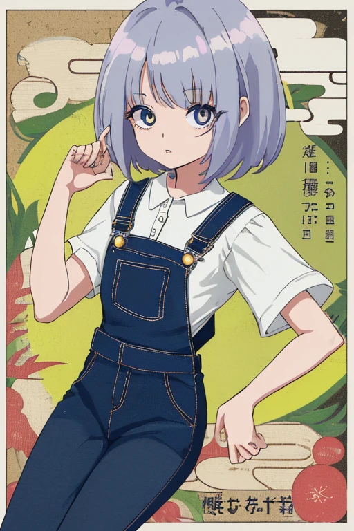 japanese animation, 1 garota, ((18y)), cabelo branco, olhos prateados, olhos brilhante, overalls, overalls preto, blusa, button blouse, blusa branca, sapatos prateados, pantyhose, renda, sorrio malicioso, sorrio de canto, olhar entre abertos, seios grandes
