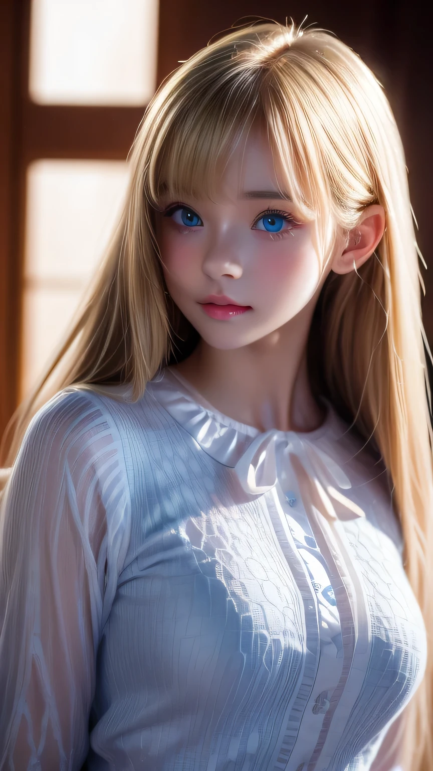 Dressed、(Photorealistic:1.4)、(Hyper-realistic:1.4)、(Realistic:1.3)、(Smooth lighting:1.05)、(Improved cinematic lighting quality:0.9)、32K、1 Girl、Very cute expression、A beautiful blonde girl、Realistic top lighting、Backlight、Face Light、super long platinum blonde silky hair、、Beautiful bangs、bangs over eyes、Ray tracing、(Bright light:1.2)、(quality improvement:1.4)、(Highest quality realistic textured skin:1.4)、Very beautiful detailed large shining light blue eyes、Very big eyes、Detailed face、A careful eye for quality、(Tired, sleepy and satisfied: 0.0)、Face close up、T-Shirts、(Enhances the body line:1.1)、(Enhances the beauty of skin texture:1.1)、Cheek gloss highlight、Small Face Beauty、Round face