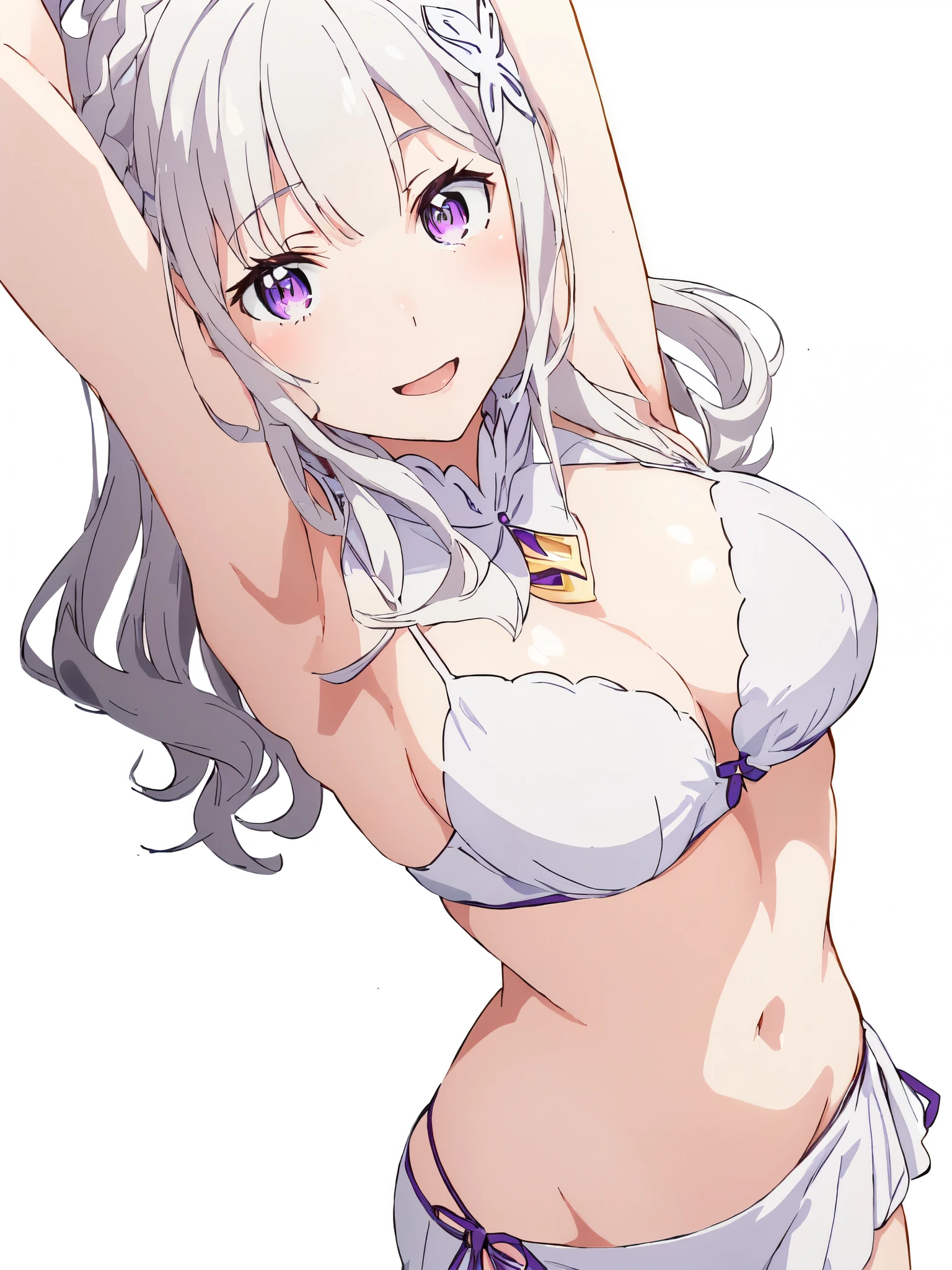 Emilia re:zero, purple eyes, Emilia, crown braid, x hair ornament, flower hair ornament, white hair, long hair, medium breasts, anime girl in a bikini posing for a picture, , render of april, seductive anime girl, anime best girl, marin kitagawa fanart, pose(arms up + happy), (anime girl), ecchi, oppai,  in dress, shikamimi, anime visual of a cute girl, attractive anime girl, smooth anime cg art