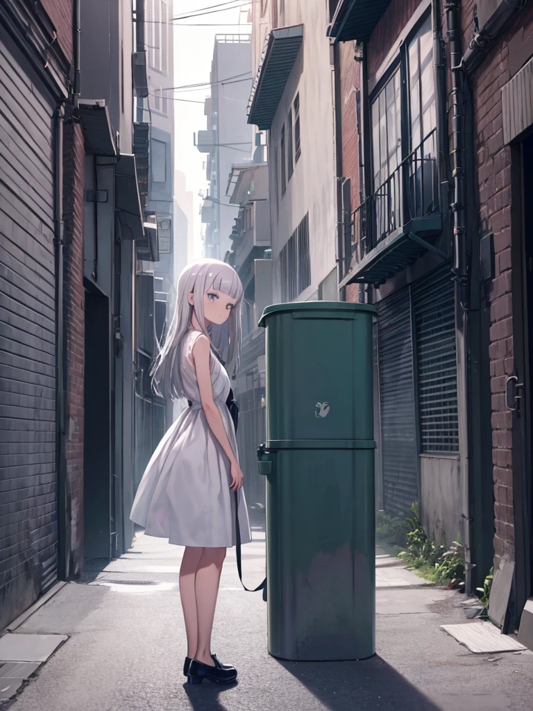 ((masterpiece, highest quality)),girl, alone, dress, Are standing, Hello, alley, Outdoor, bangs, white dress, Gray Hair, Long Hair, Black footwear, Industrial Pipes, View your viewers, Air conditioning,Dim lighting, garbage, garbage bin, hxh2011
