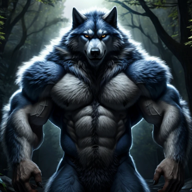 Make a furry werewolf with completely white fur plus realistic hairy hands with pupils of a common blue wolf without glowing showing the entire body, com musculos super enormes, pernas musculosas, muscular arms with defined abdomen and large chest, well detailed and hot inside a forest at night, posing attractively looking at the viewer, totally now, lua cheia full HD alta qualidade