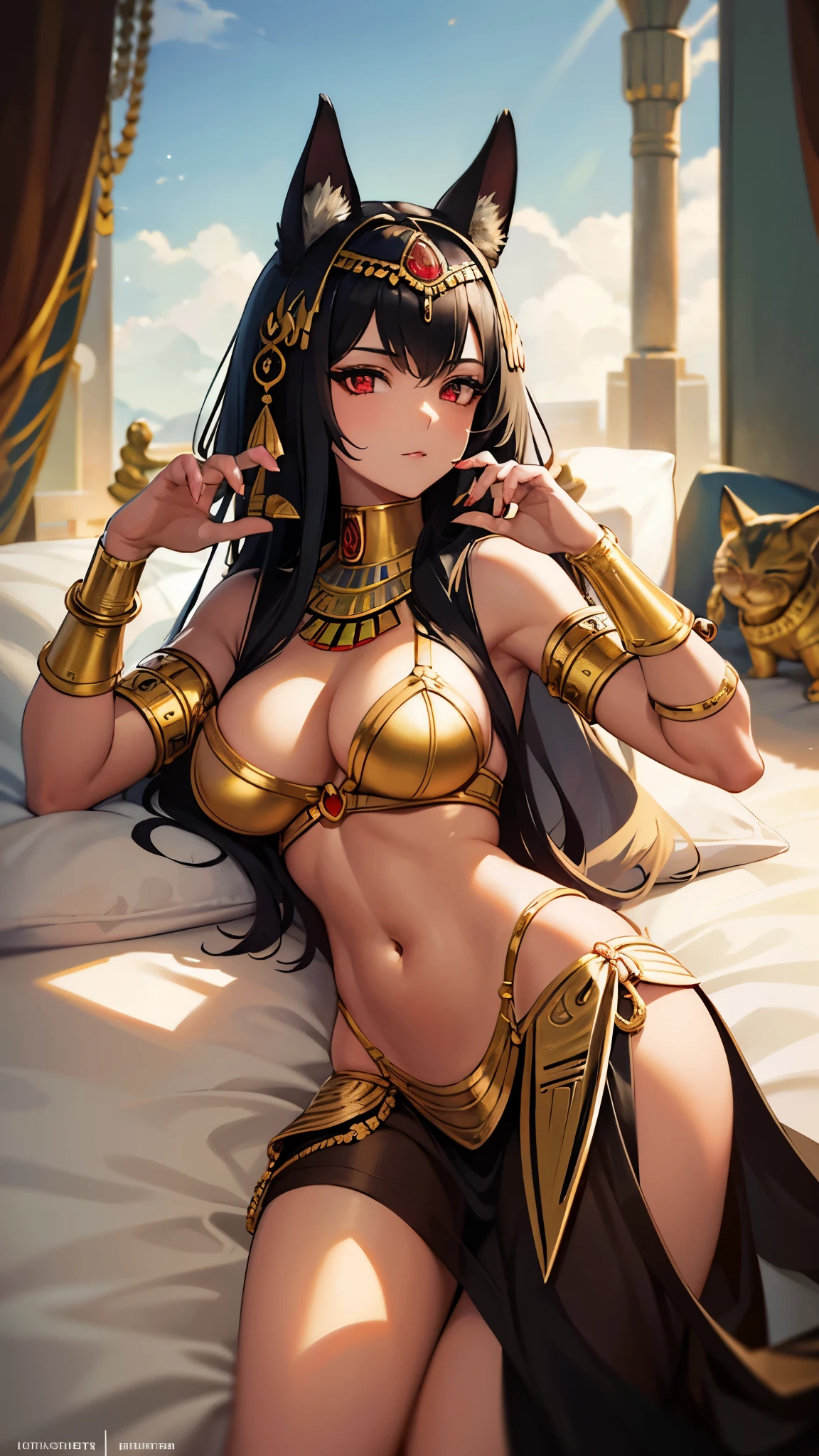 (masterpiece, best quality, highres:1.2), 1girl, solo, ultra-detailed, photorealistic anthropomorphic animal, Character Design, Pharaoh, Mythology, Animated, Egypt, AI Partner, Anime Babe, Breasts, Bastet, Egyptian goodness, pharaoh woman, cat girl, cat sphinx, onyx skin, monster girl, furry, detailed body, detailed hands, Fan Art, correct fingers, lying on the bed, cowboy shot, Egyptian-style bedroom, luxurious silk cloth, golden jewelry, mesmerizing red eyes, mysterious aura, sharp claws, vibrant colors