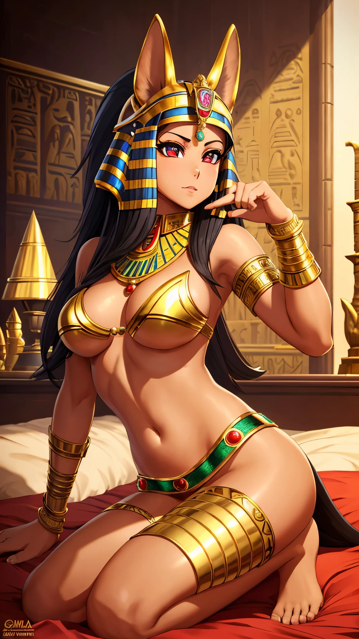 (masterpiece, best quality, highres:1.2), 1girl, solo, ultra-detailed, photorealistic anthropomorphic animal, Character Design, Pharaoh, Mythology, Animated, Egypt, AI Partner, Anime Babe, Breasts, Bastet, Egyptian goodness, pharaoh woman, cat girl, cat sphinx, onyx skin, monster girl, furry, detailed body, detailed hands, Fan Art, correct fingers, lying on the bed, cowboy shot, Egyptian-style bedroom, luxurious silk cloth, golden jewelry, mesmerizing red eyes, mysterious aura, sharp claws, vibrant colors
