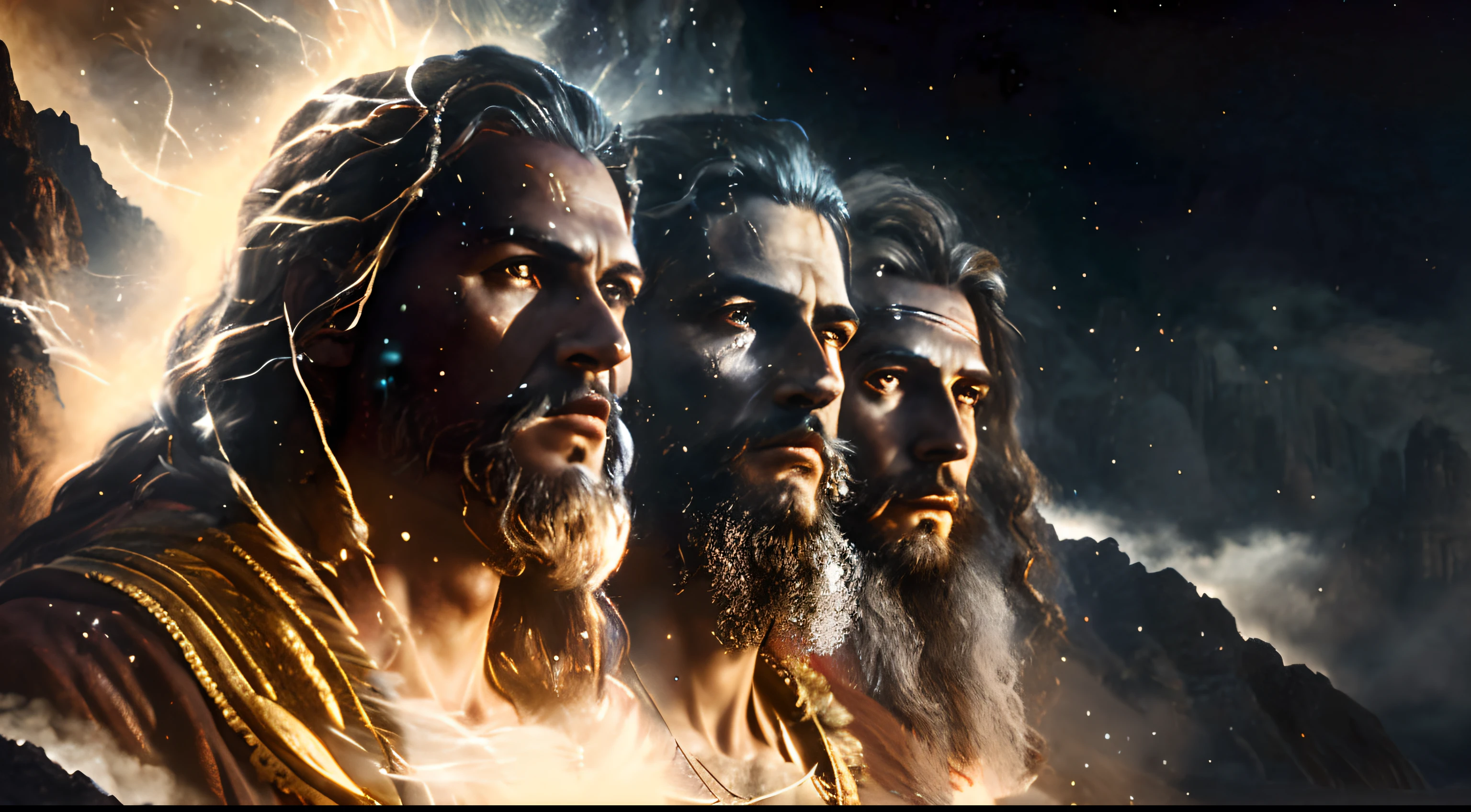 dois homens parados um ao lado do outro em uma montanha, biblical epic film, mitologia, epic scene of Zeus, dramatic art, deuses antigos, Deuses gregos, Drew Struzan Tomasz Alen Kopera, Mito grego pintura digital, Obra de Drew Struzan, desenhou arte estilo struzan, Retrato pintado de Zeus acidentado, Godrays pintura digital