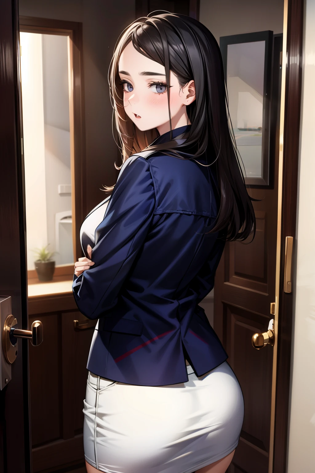 Australian elite girl, (16 years old), in the apartment, front door, busty, view from behind, surprised expression, (masterpiece, best quality, extremely detailed, hyper realistic)