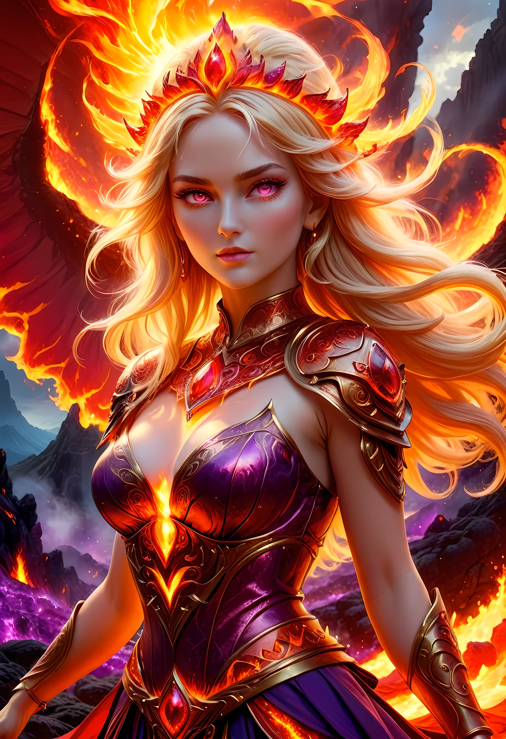 high details, best quality, 16k, [ultra detailed], masterpiece, best quality, (extremely detailed), full body, ultra wide shot, photorealistic, fantasy art, dnd art, rpg art, realistic art, an ultra wide picture of a female human (intricate details, Masterpiece, best quality: 1.5) goddess of fire  ((fiery radiant aura)), controlling a swirling red fire, fiery red radiant magic (1.5 intricate details, Masterpiece, best quality), manipulating purple radiant magical symbols, [[divine symbols]] (intricate details, Masterpiece, best quality: 1.5), human female, blond hair, long hair with aura, hair with red radiant eyes, intense eyes, ((radiant eyes)), (( red glowing eyes)), dynamic clothing, fantasy volcano back ground, stresms of lava,  celestial  background, ((divine worship atmosphere)), high details, best quality, highres, ultra wide angle, faize, 
