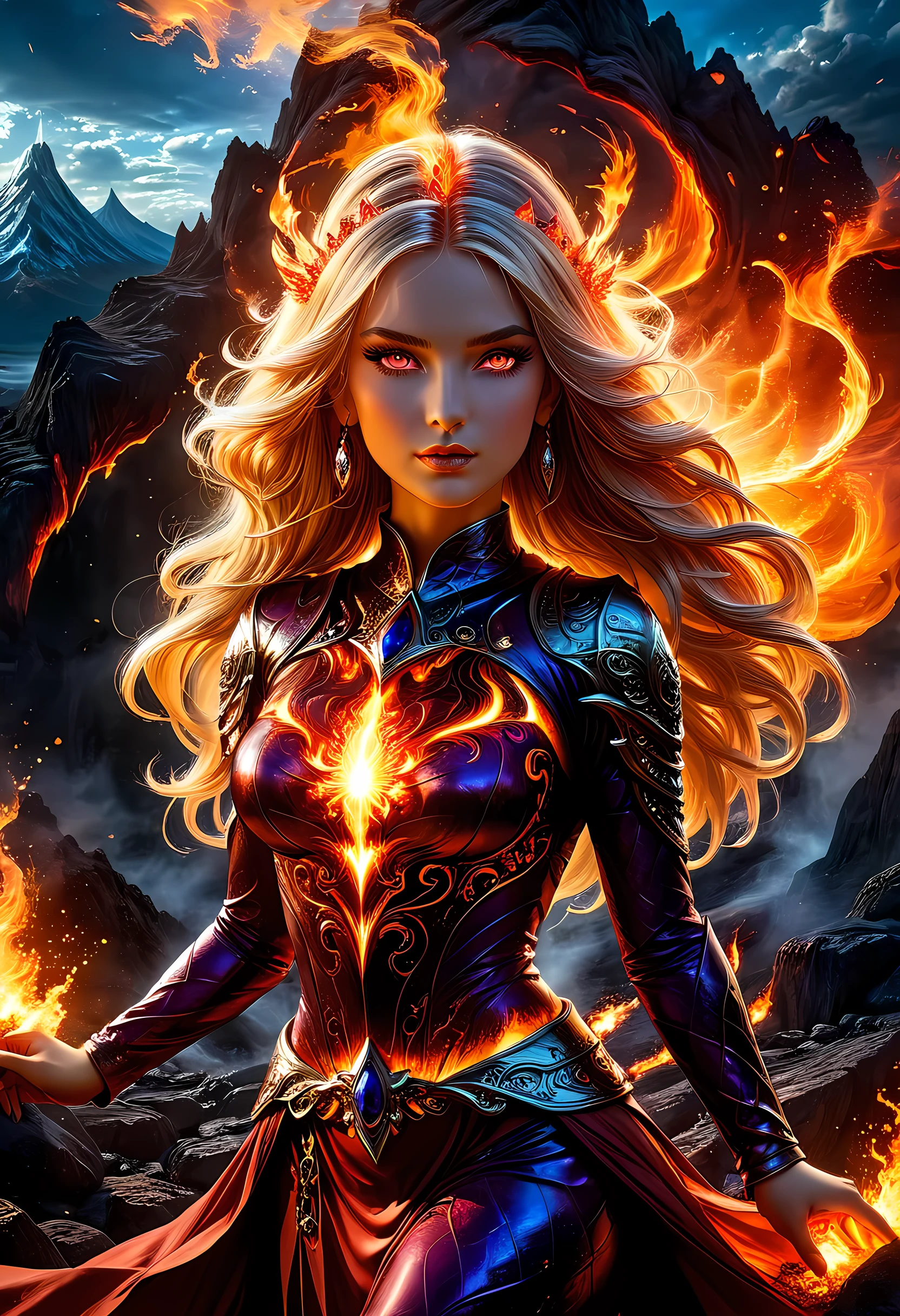 high details, best quality, 16k, [ultra detailed], masterpiece, best quality, (extremely detailed), full body, ultra wide shot, photorealistic, fantasy art, dnd art, rpg art, realistic art, an ultra wide picture of a female human (intricate details, Masterpiece, best quality: 1.5) goddess of fire  ((fiery radiant aura)), controlling a swirling red fire, fiery red radiant magic (1.5 intricate details, Masterpiece, best quality), manipulating purple radiant magical symbols, [[divine symbols]] (intricate details, Masterpiece, best quality: 1.5), human female, blond hair, long hair with aura, hair with red radiant eyes, intense eyes, ((radiant eyes)), (( red glowing eyes)), dynamic clothing, fantasy volcano back ground, stresms of lava,  celestial  background, ((divine worship atmosphere)), high details, best quality, highres, ultra wide angle, faize, 
