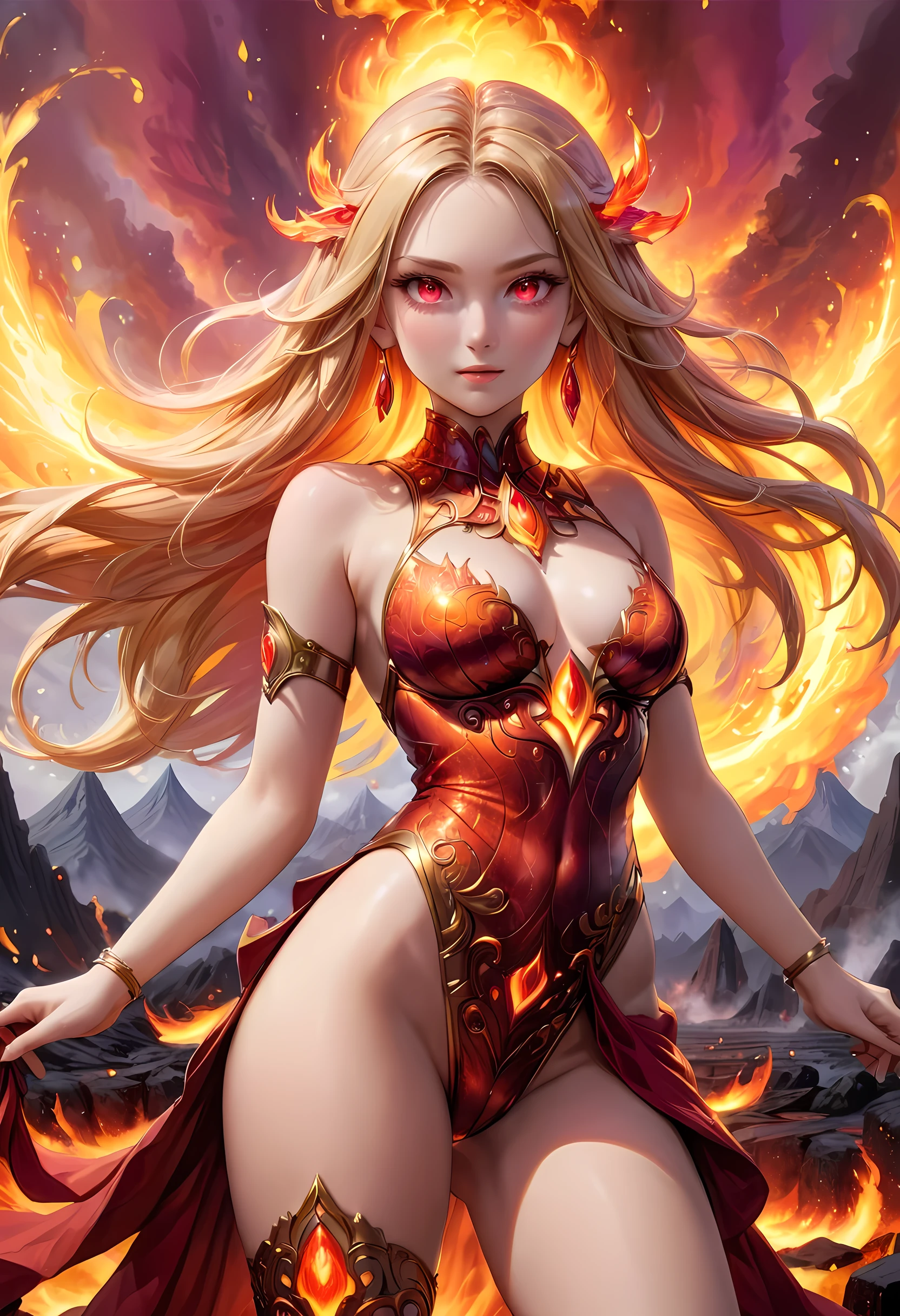 high details, best quality, 16k, [ultra detailed], masterpiece, best quality, (extremely detailed), full body, ultra wide shot, photorealistic, fantasy art, dnd art, rpg art, realistic art, an ultra wide picture of a female human (intricate details, Masterpiece, best quality: 1.5) goddess of fire  ((fiery radiant aura)), controlling a swirling red fire, fiery red radiant magic (1.5 intricate details, Masterpiece, best quality), manipulating purple radiant magical symbols, [[divine symbols]] (intricate details, Masterpiece, best quality: 1.5), human female, blond hair, long hair with aura, hair with red radiant eyes, intense eyes, ((radiant eyes)), (( red glowing eyes)), dynamic clothing, fantasy volcano back ground, stresms of lava,  celestial  background, ((divine worship atmosphere)), high details, best quality, highres, ultra wide angle, faize, 
