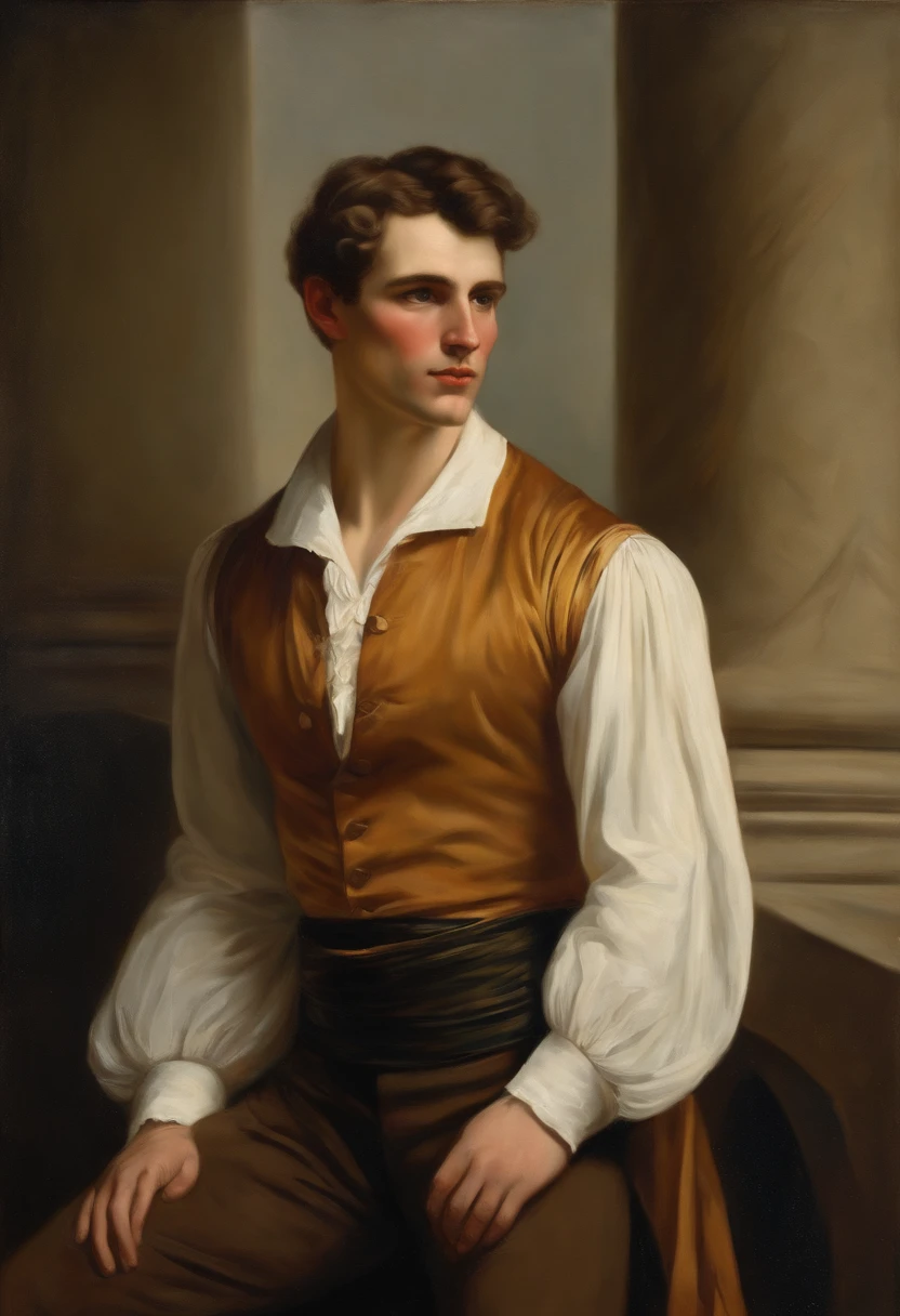 White man with brown short hair. His physique is vigorous, It should be large. Er befindet sich in der Stadt. open shirt, regency era, oil painting 