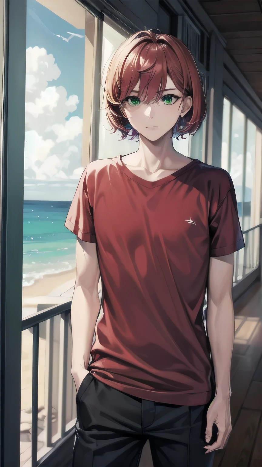 (masterpiece), ((sfw)), best quality, expressive eyes, perfect face, mature male, (1boy, adult Man, young adult, young man), solo, red hair BREAK bob cut, green eyes BREAK red t-shirt BREAK black pants BREAK balcony, blue sky, ocean, indoors, looking away, :/
