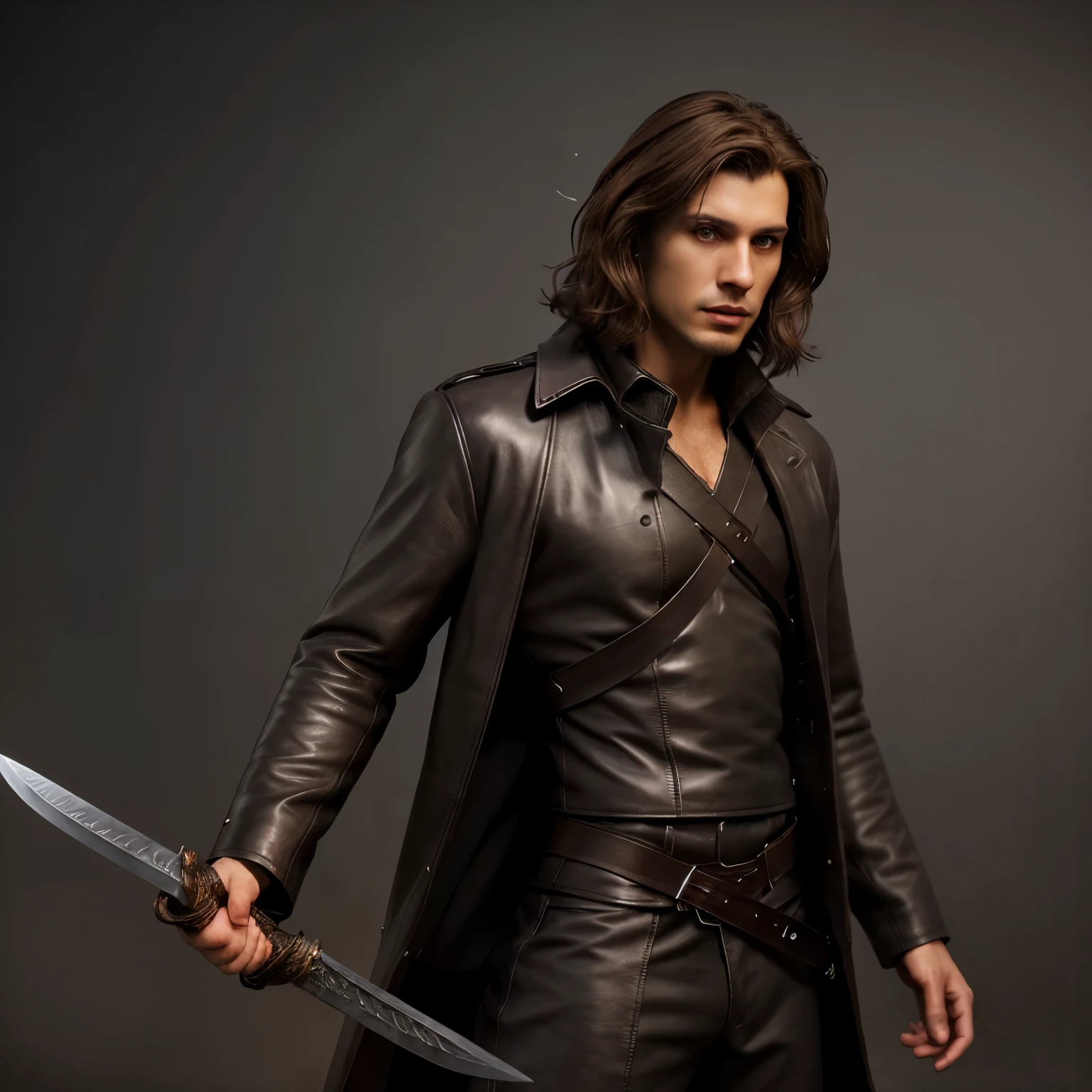 Make a male character in black leather coat without an arm short wavy brown hair with sword light skill in almost realistic version