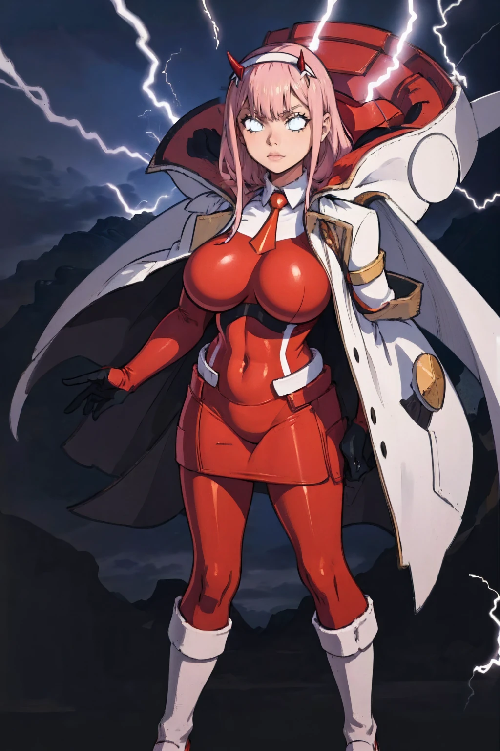 masterpiece, best quality, IncrsLowTier, electricity, glowing eyes zerotwo horns, hairband, necktie, red dress, pantyhose horns, hairband, red bodysuit, armlet, mecha horns, hairband, white bodysuit, white gloves, cap, red dress, white gloves, jacket on shoulders, pantyhose, cyber_armor body_suit,huge_breast, tall female, fulll body, sun light, smile,, sun aura,, boots, standing, smile, lips, red lips, fangs, sharpteeth,,{best quality}, {amazing quality} {best quality},{amazing quality},, {absurdres},{{highres}}, {very aesthetic}, {detailed}, curvy, tall, huge breast, character focus, white background,full-length portrait,