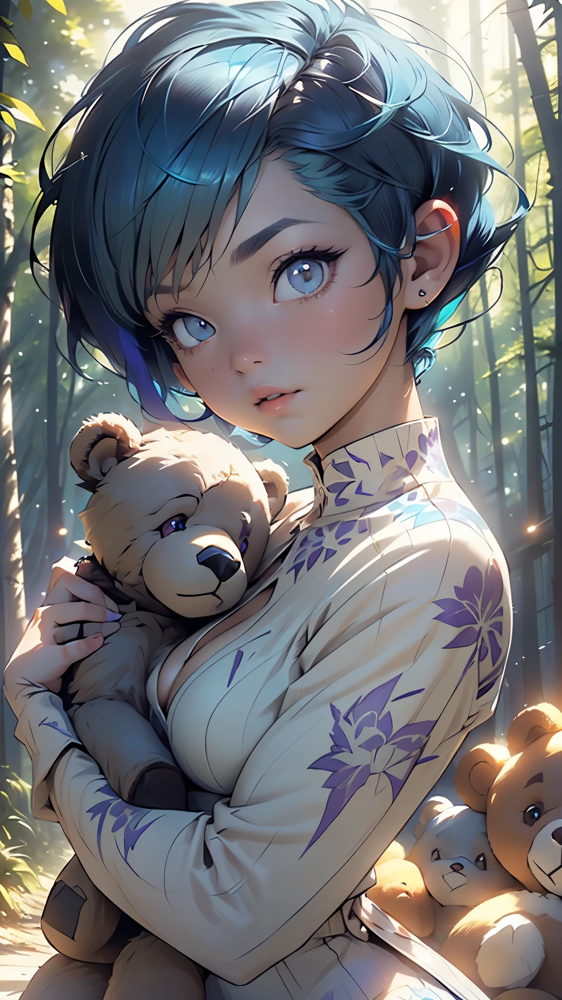 girl,1girl,((extremely cute and beautiful light blue haired girl)),(((16 years old))),(large breasts:1.2),((((light blue hair:1.35,((short pixie cut Hair, undercut hair: 1.28),r),bright blue hair,iridescent colors blue and purple glowing colors,colored inner hair)))),((purple_eyes:1.5)),glowing eyes,intricate eyes,beautiful detailed eyes,symmetrical eyes,Big eyes:1.5,((fat)),(((lustrous skin:1.5,bright skin: 1.5,skin tanned,shiny skin,very shiny skin,shiny body,plastic glitter skin,exaggerated shiny skin,illuminated skin))),(spider lower abdomen,narrow waist,wide hip,athletic body,inflated legs,thick thighs,detailed body,(detailed face)),
cute,slutty,seductive,erotic,(nsfw),girlfriend, pretty,
zettai ryouiki,(wearing cozy pijamas:1.5,blue pijamas),blushing, shyness, clavicle, abs,(((Show cleavage))),(((light blue outfit, light blue clothes,intricate outfit,intricate clothes))),((magic dust particles around him:1.5,hug a teddy bear:1.5)),
(dynamic pose:1.0),drinking hot chocolate,(centered,scale to fit dimensions,Rule of thirds),
((pine forest)),scenery:1.25,((intricate scenery)),((forest background)),
(Glossy winter ornaments),highres,sharp focus,(ultra detailed,extremely detailed),(photorealistic artwork:1.37),(extremely detailed CG unity 8k wallpaper),(((vibrant colors,vibrant theme))),(intricate),(masterpiece),(best quality),artistic photography,(photography taken by sldr),(intricate background),perfect rendered face,perfect face details,realistic face,photo realistic,((intricate detail)),(((realism))),